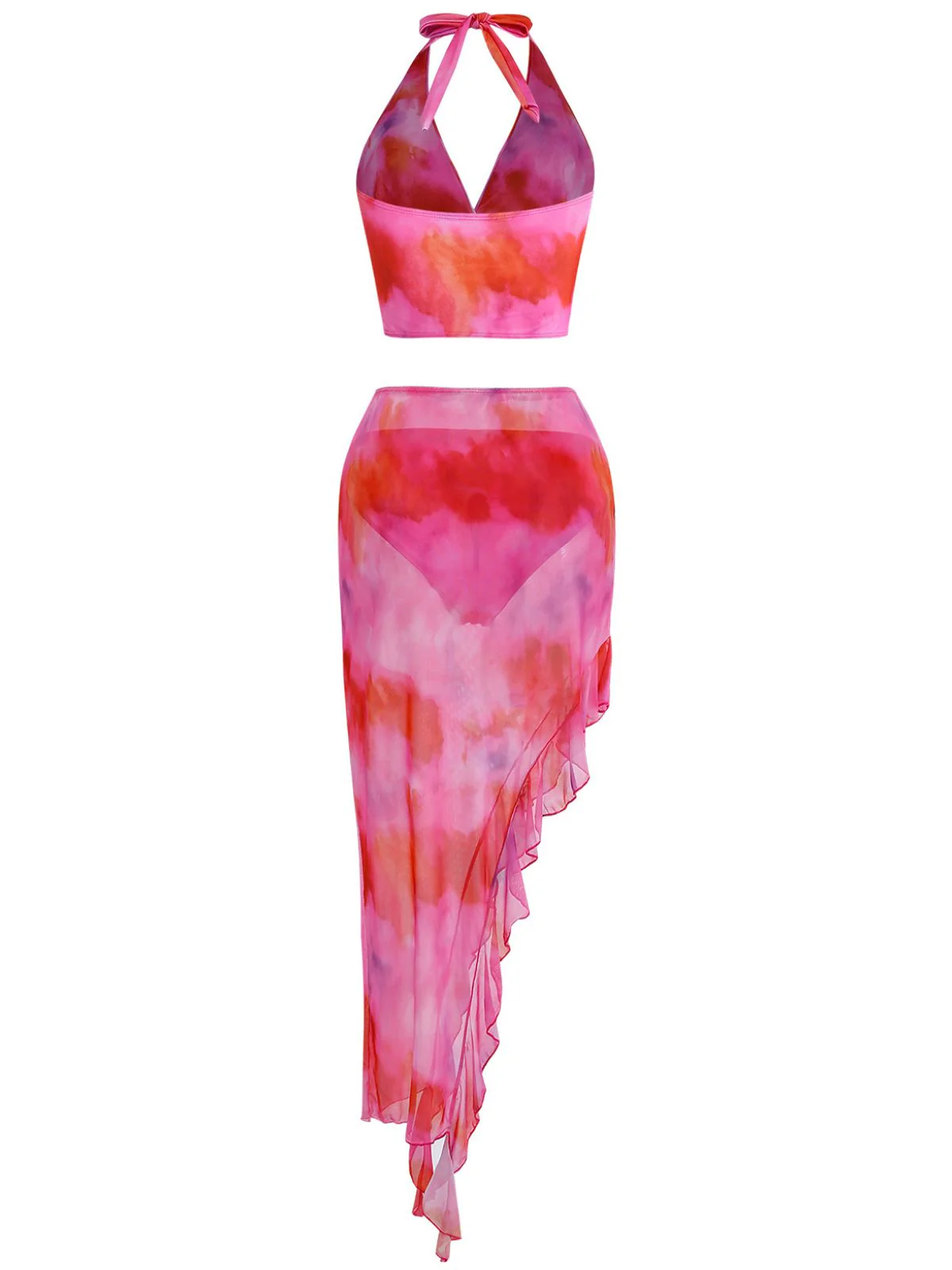 Pink 1950s Gradient Halter Tankini Set & Asymmetric Cover-Up - Image 3