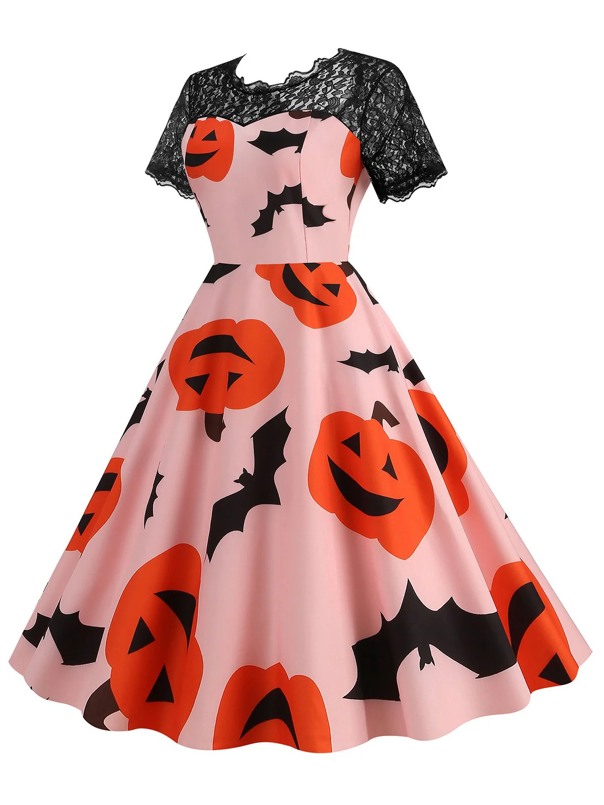 Pink 1950s Halloween Pumpkin Bats Lace Dress - Image 2
