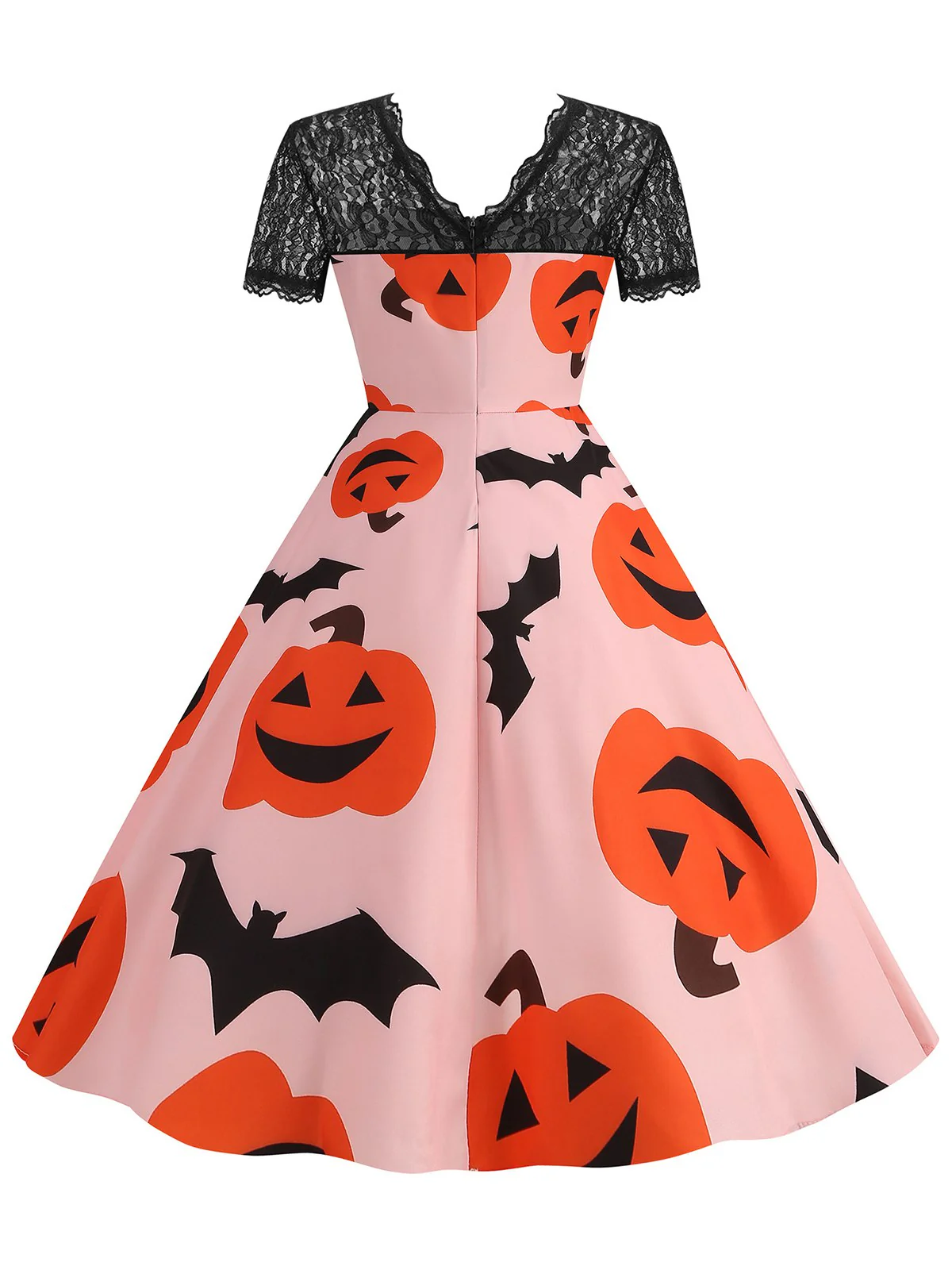 Pink 1950s Halloween Pumpkin Bats Lace Dress - Image 3
