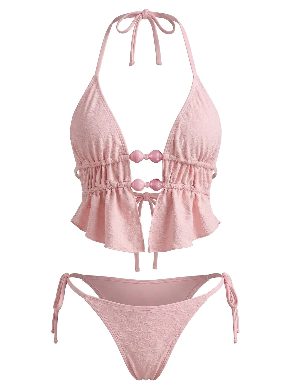 Pink 1950s Halter Beaded Jacquard Solid Bikini Set - Image 2