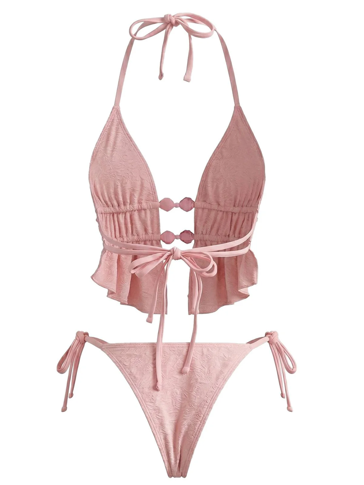 Pink 1950s Halter Beaded Jacquard Solid Bikini Set - Image 3