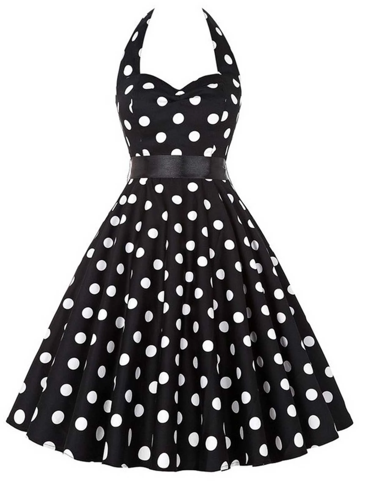 1950s Halter Contrast Polka Dots Belted Dress - Image 4