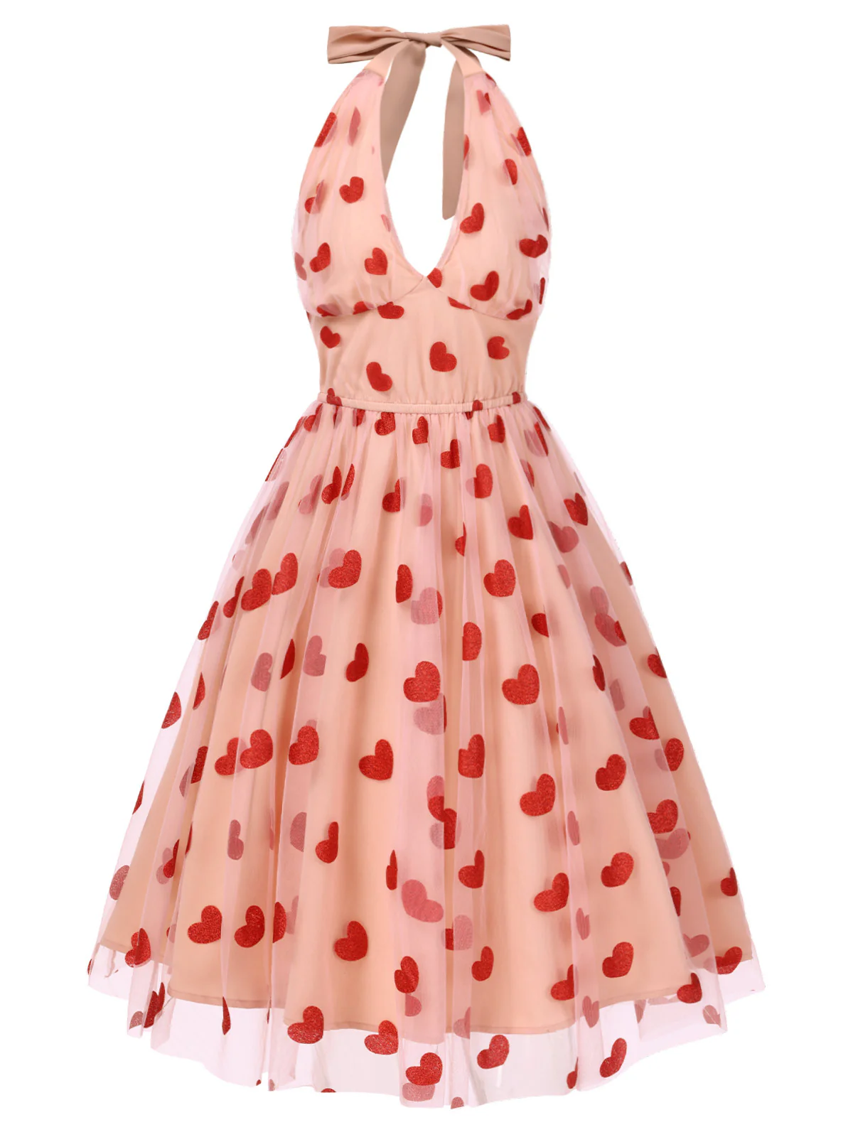 Pink 1950s Halter Heart Mesh Dress - Image 2