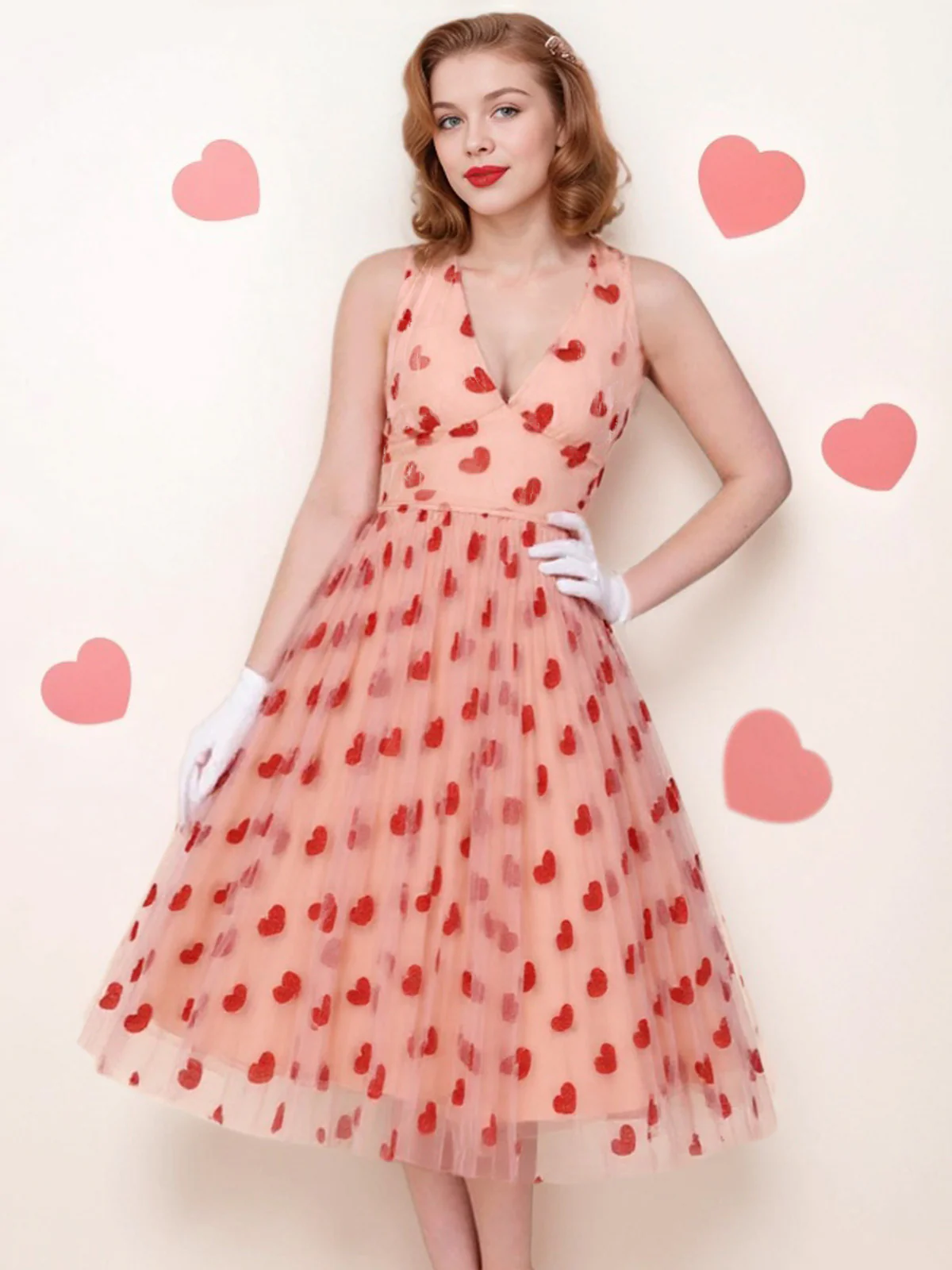 Pink 1950s Halter Heart Mesh Dress - Image 3