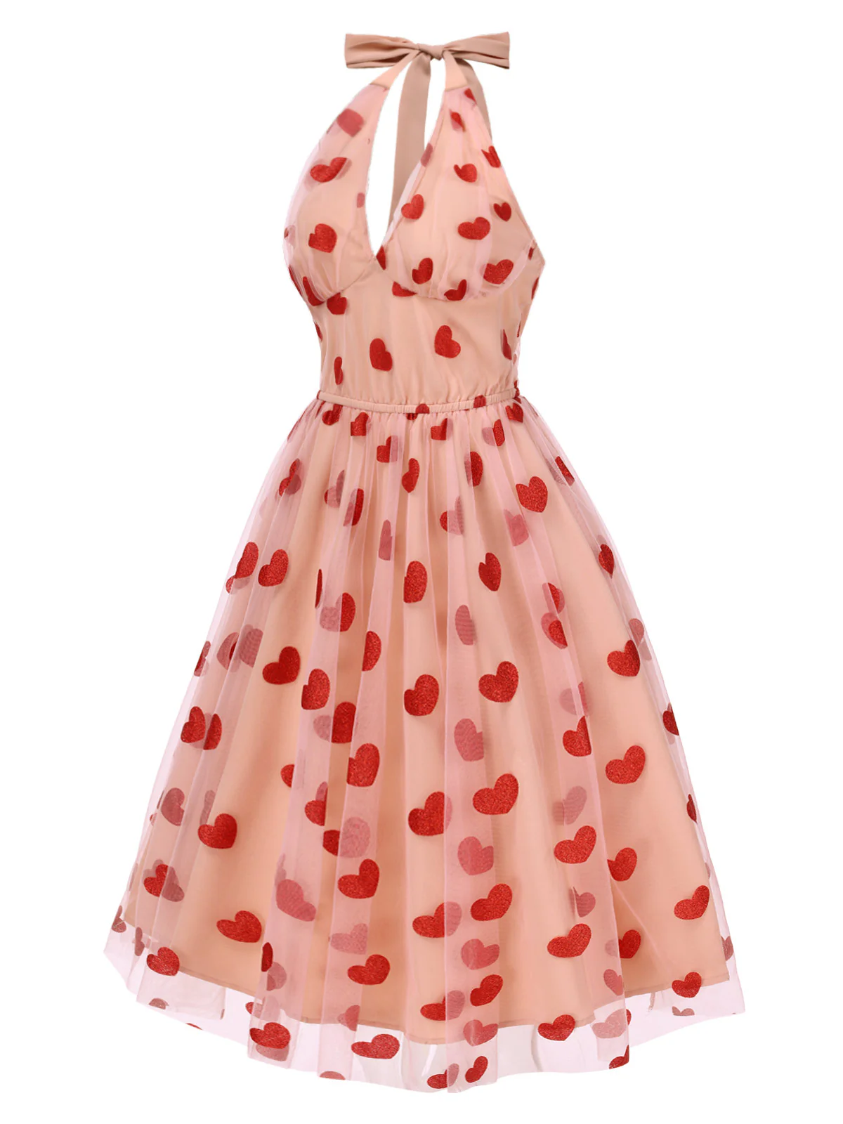 Pink 1950s Halter Heart Mesh Dress - Image 4