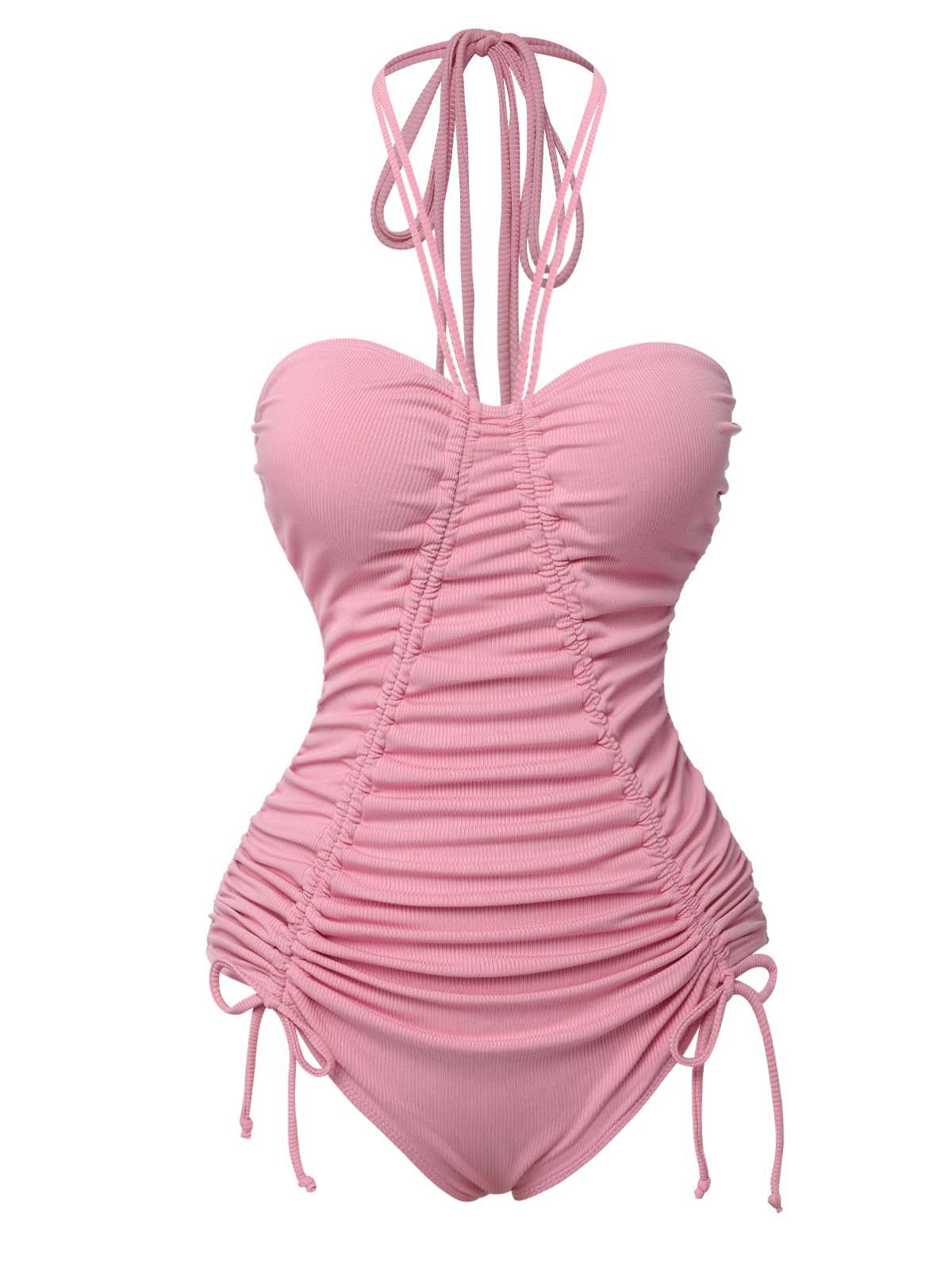 Pink 1950s Halter Pleated Solid One-Piece Swimsuit - Image 2