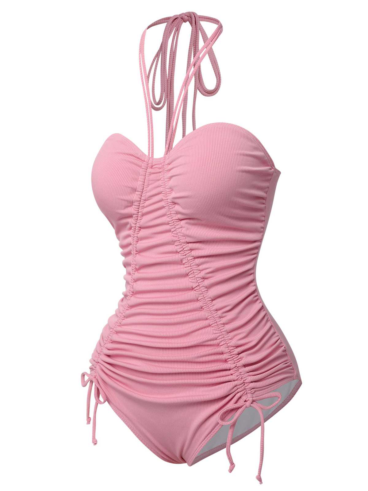 Pink 1950s Halter Pleated Solid One-Piece Swimsuit - Image 3
