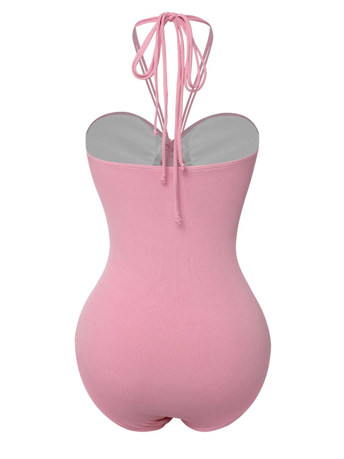 Pink 1950s Halter Pleated Solid One-Piece Swimsuit - Image 4