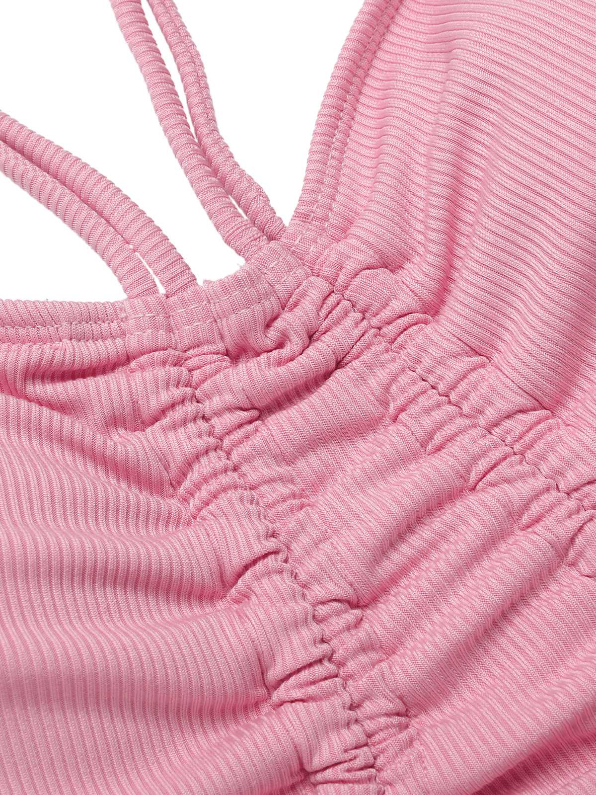 Pink 1950s Halter Pleated Solid One-Piece Swimsuit - Image 5