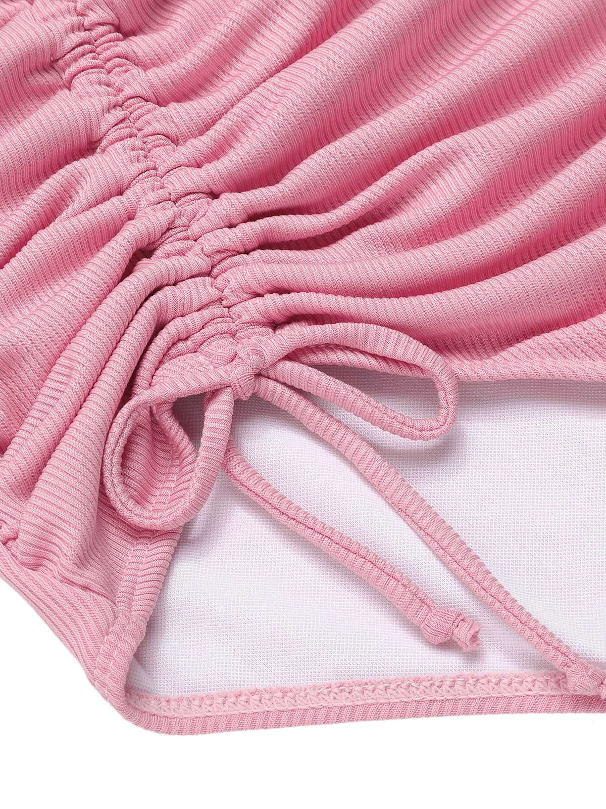 Pink 1950s Halter Pleated Solid One-Piece Swimsuit - Image 6