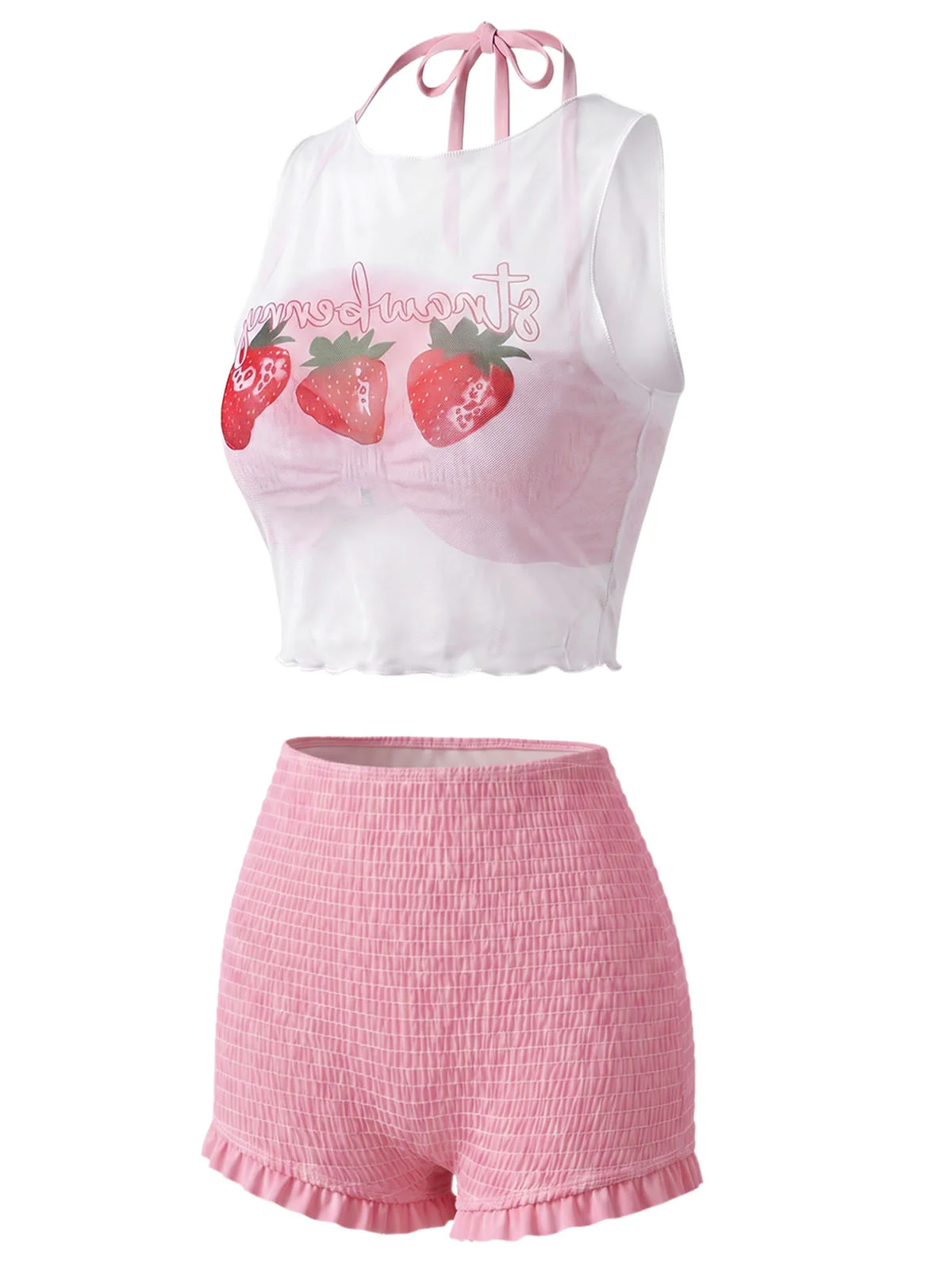 [Pre-Sale] Pink 1950s Halter Smocked Bikini Set & Strawberry Cover Top - Image 2