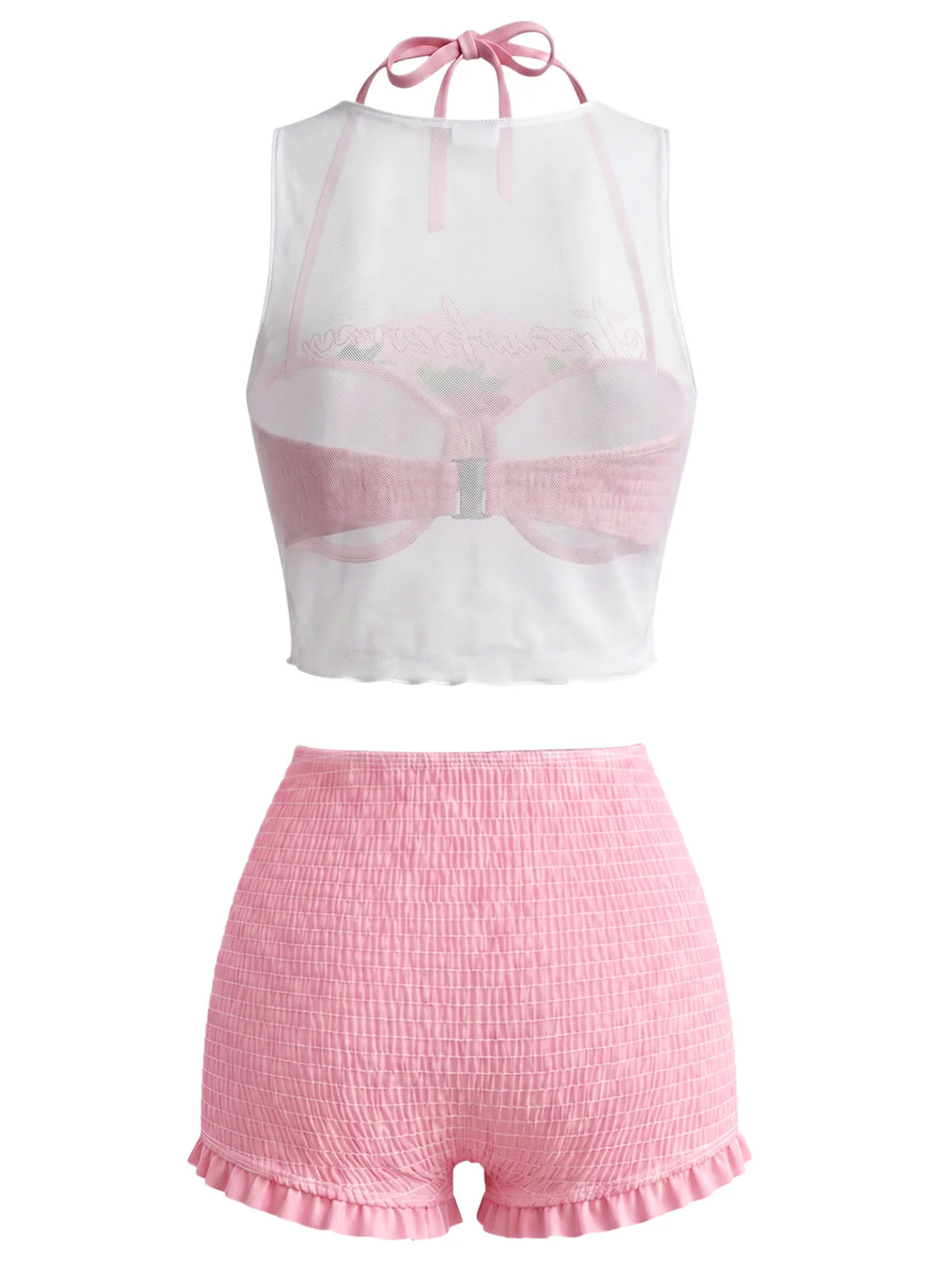 [Pre-Sale] Pink 1950s Halter Smocked Bikini Set & Strawberry Cover Top - Image 3