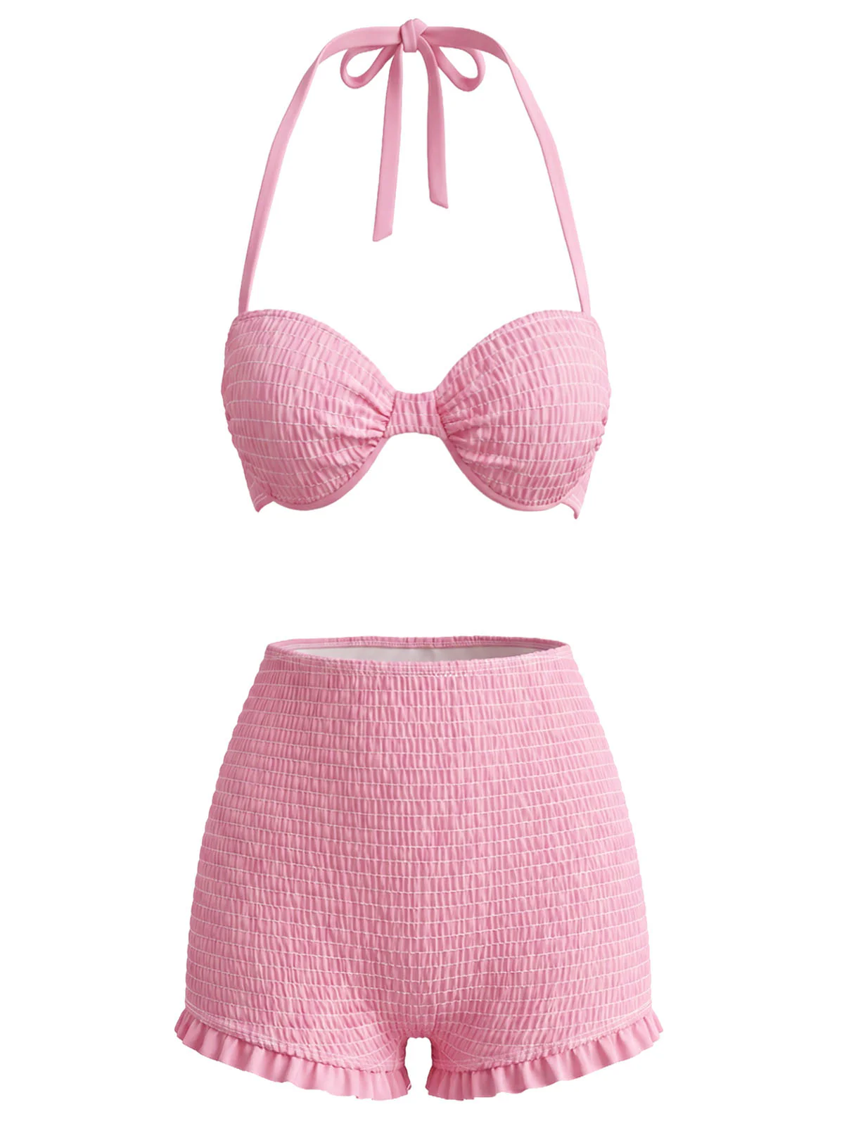 [Pre-Sale] Pink 1950s Halter Smocked Bikini Set & Strawberry Cover Top - Image 4