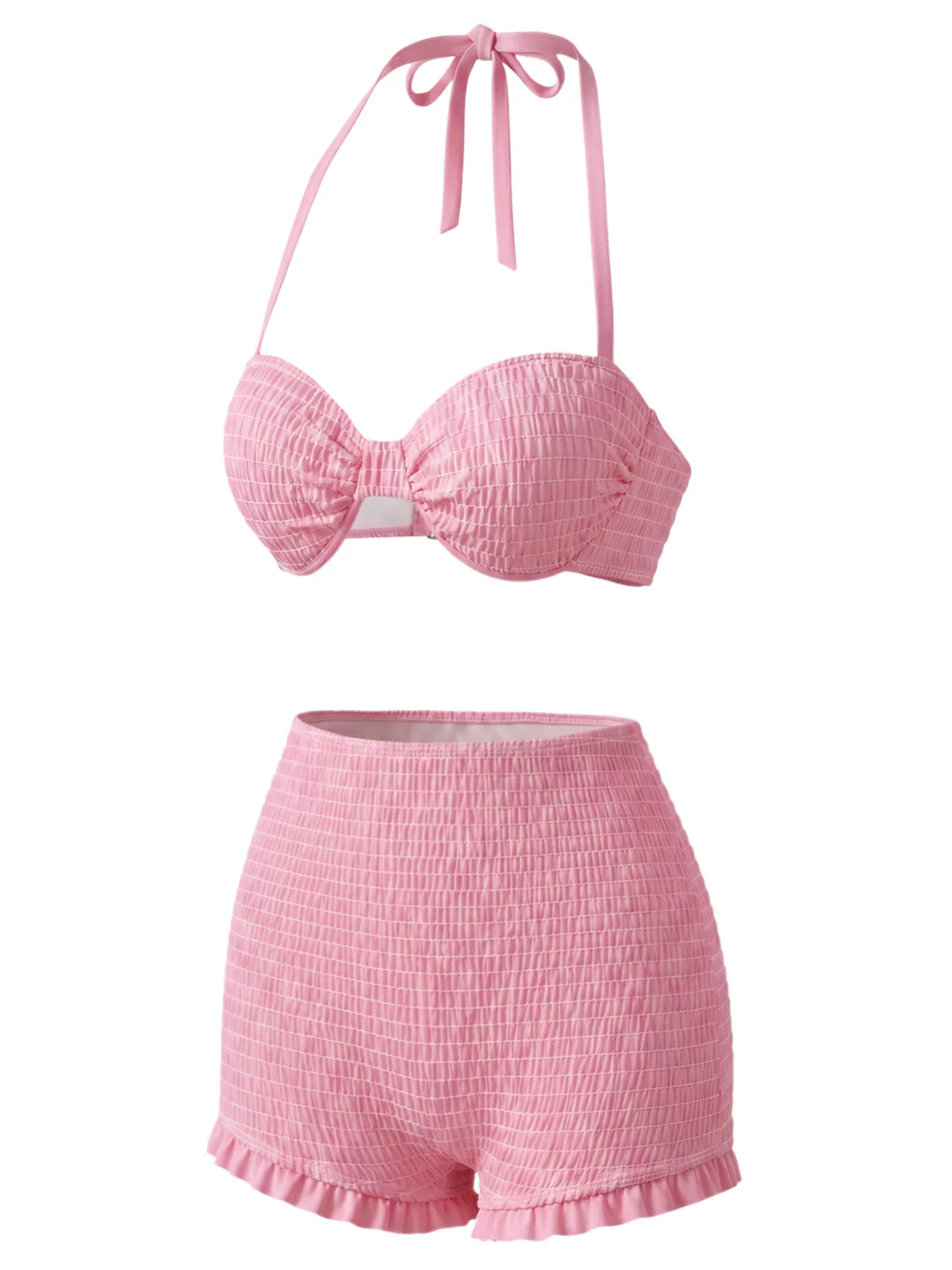 [Pre-Sale] Pink 1950s Halter Smocked Bikini Set & Strawberry Cover Top - Image 5