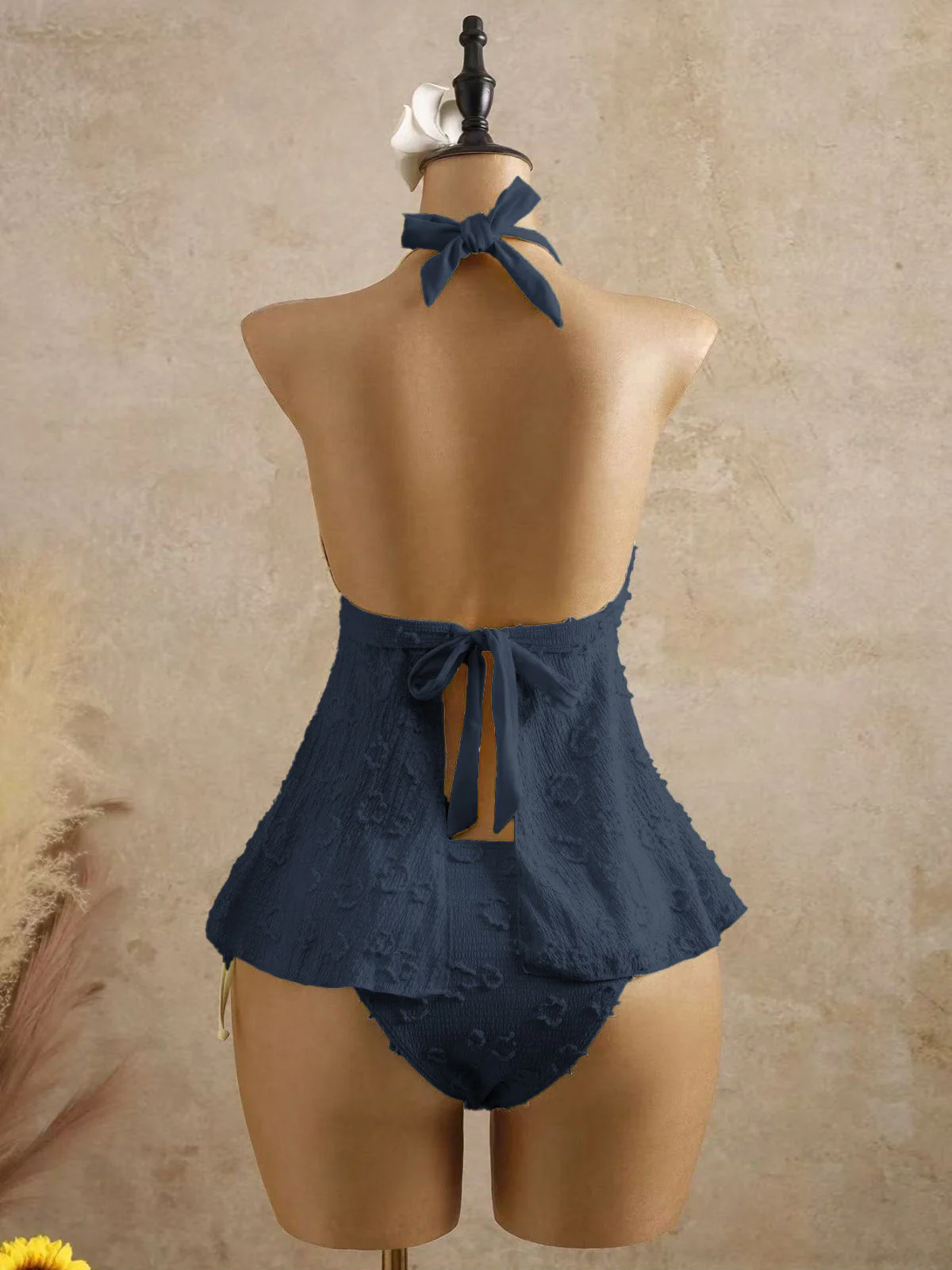 1950s Halter Textured Floral Deep V Tankini Set - Image 11