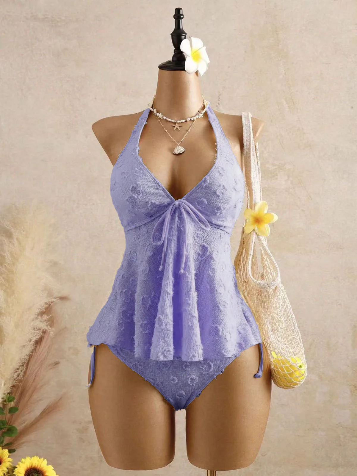 1950s Halter Textured Floral Deep V Tankini Set - Image 18
