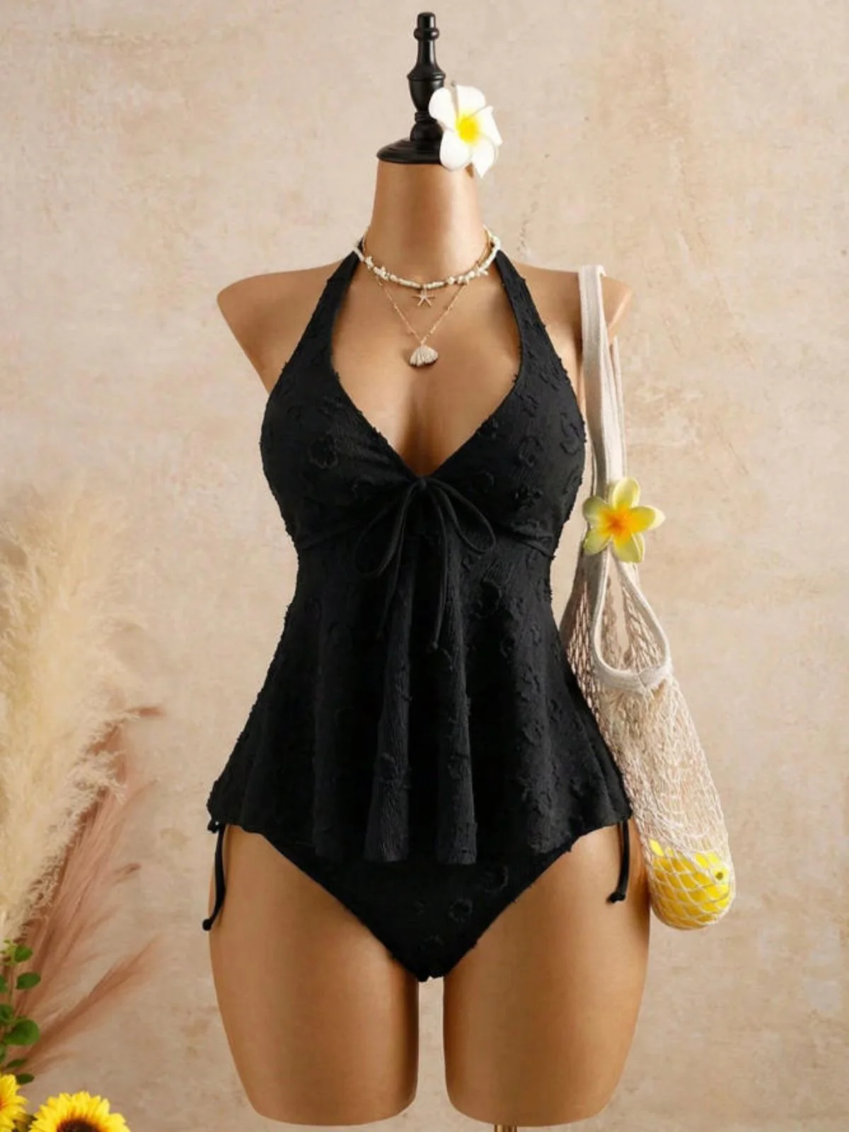 1950s Halter Textured Floral Deep V Tankini Set - Image 2