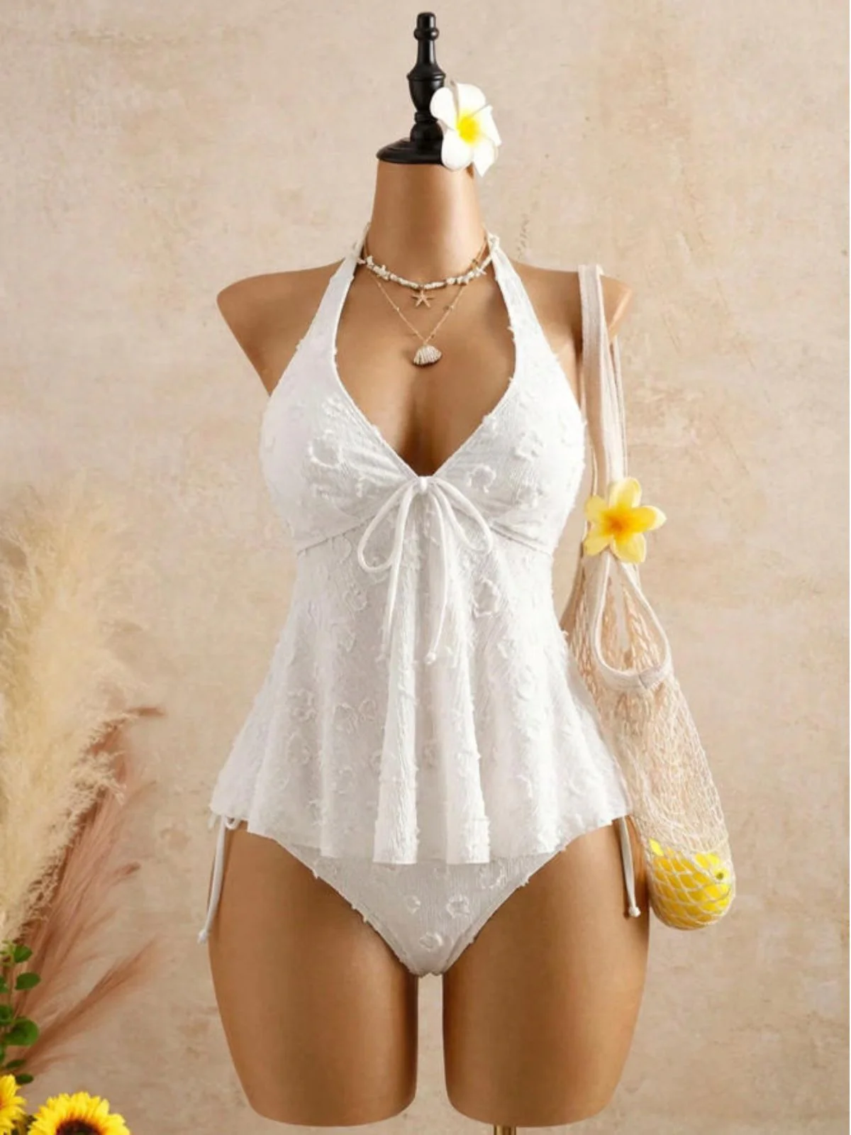 1950s Halter Textured Floral Deep V Tankini Set - Image 5