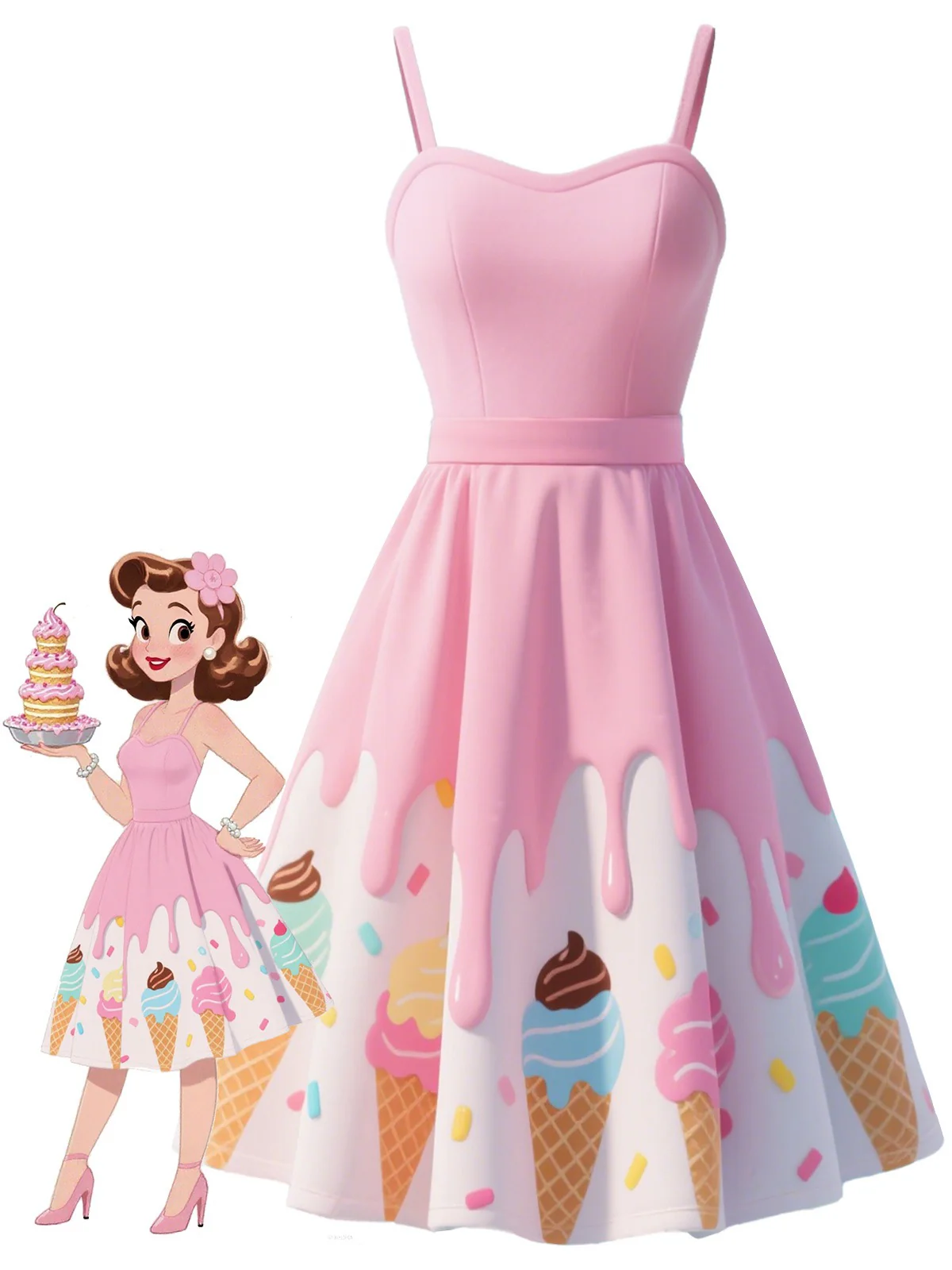 Pink 1950s Ice-Cream Sweetheart Neck Dress - Image 4