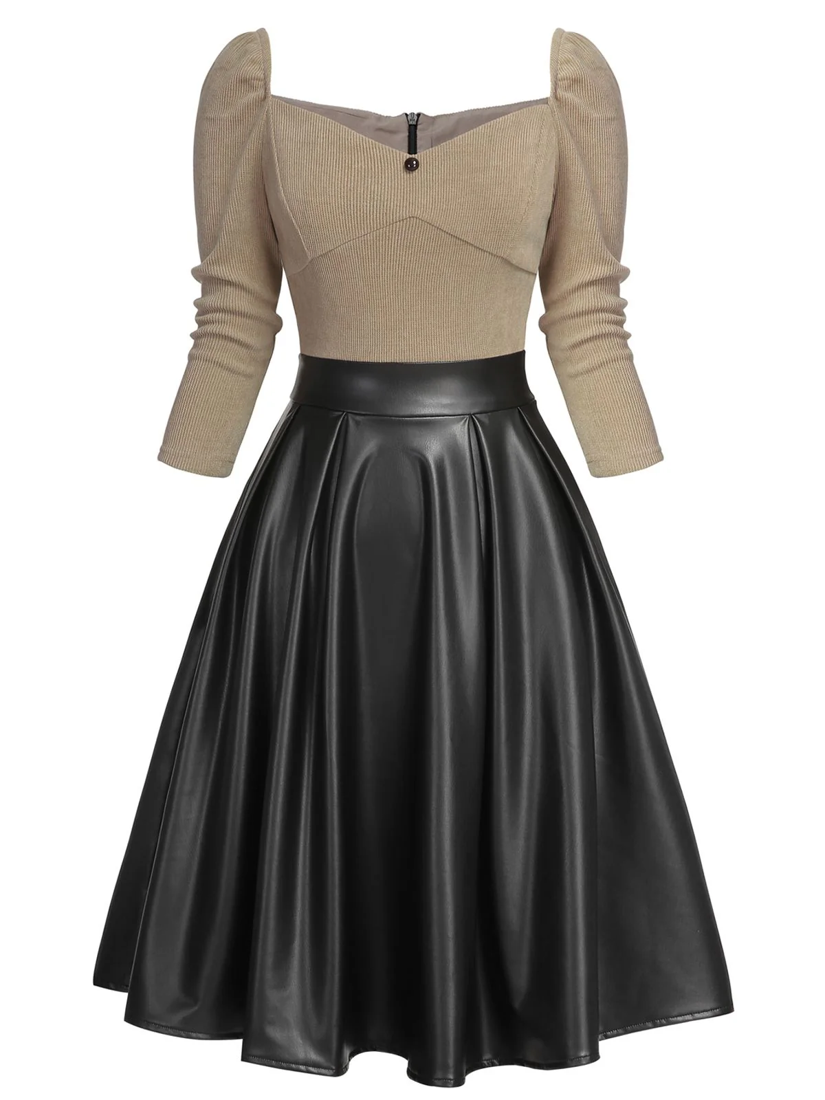 Khaki 1950s Knitted Leather Patchwork Dress - Image 2