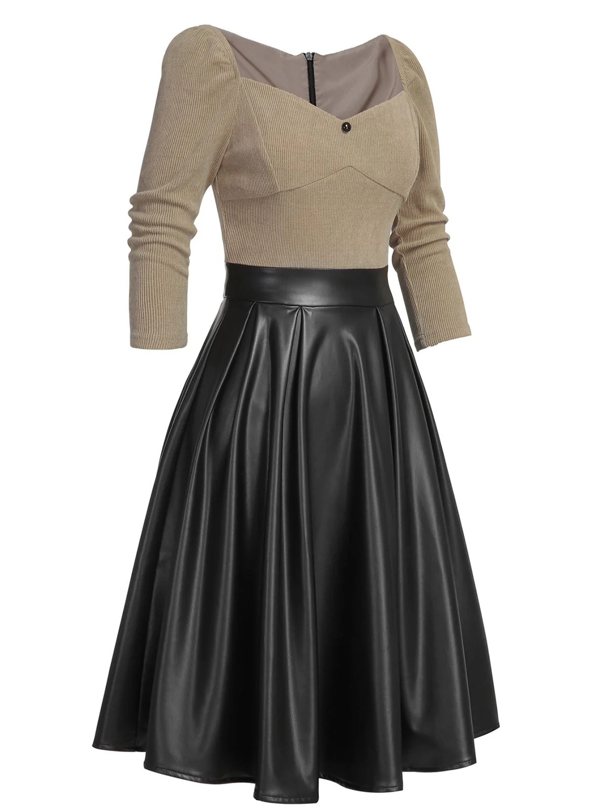 Khaki 1950s Knitted Leather Patchwork Dress - Image 3