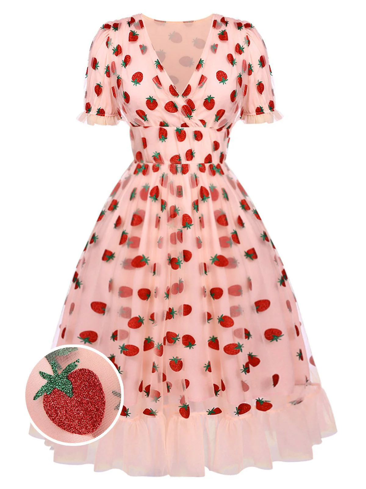 Pink 1950s Lace Strawberry Swing Dress - Image 10