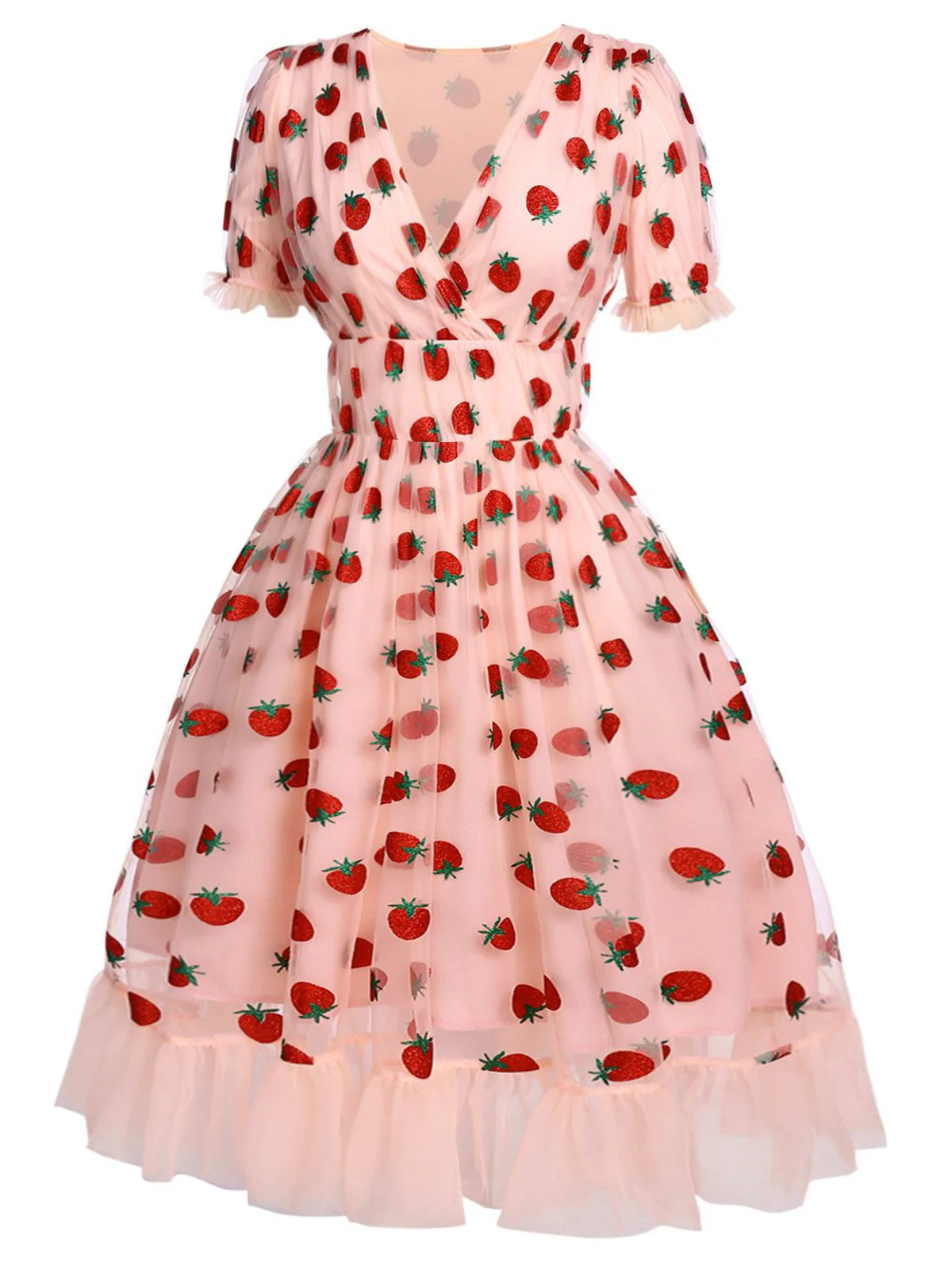 Pink 1950s Lace Strawberry Swing Dress - Image 3
