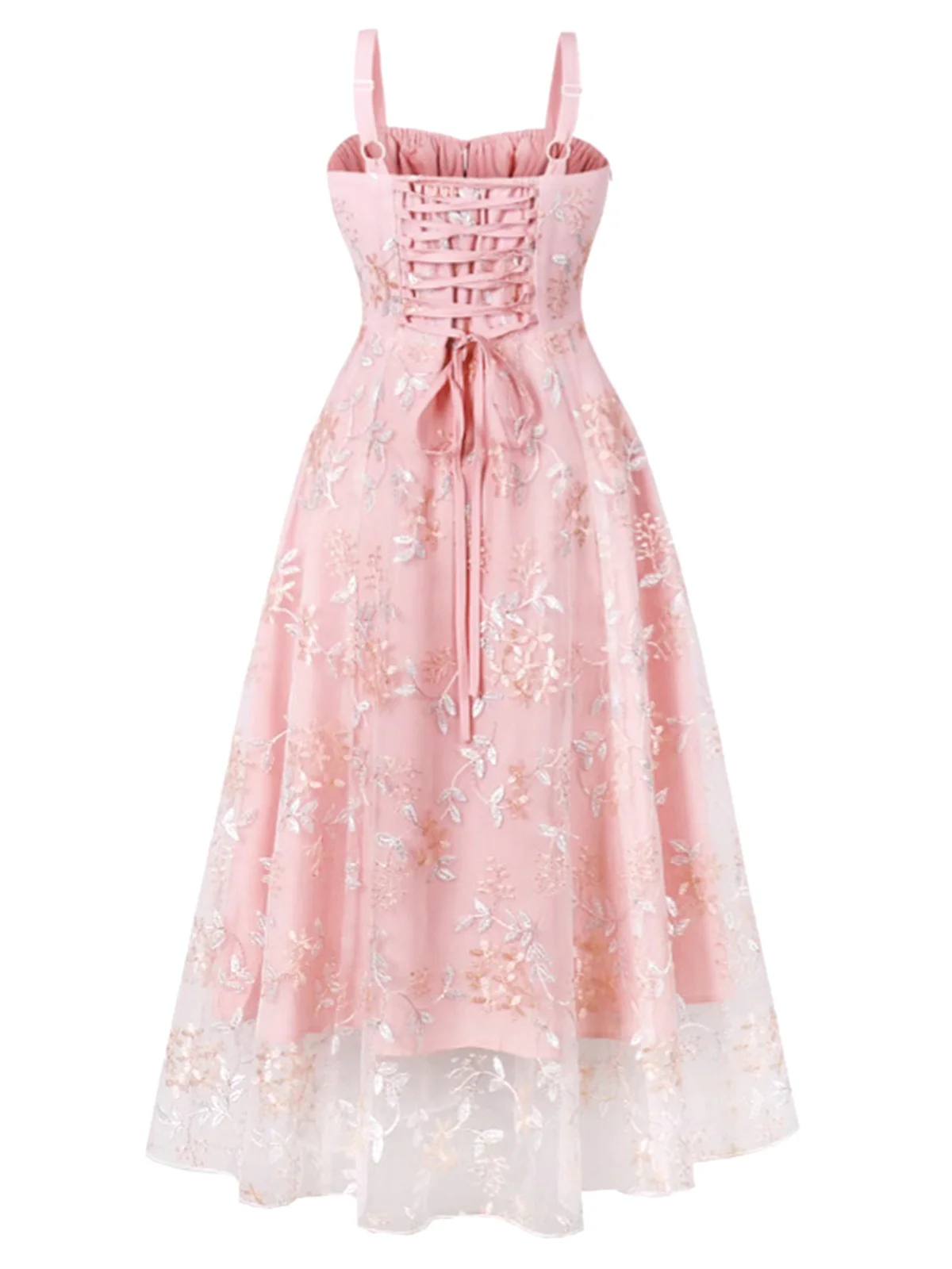 Pink 1950s Lace-Up Straps Floral Mesh Dress - Image 2