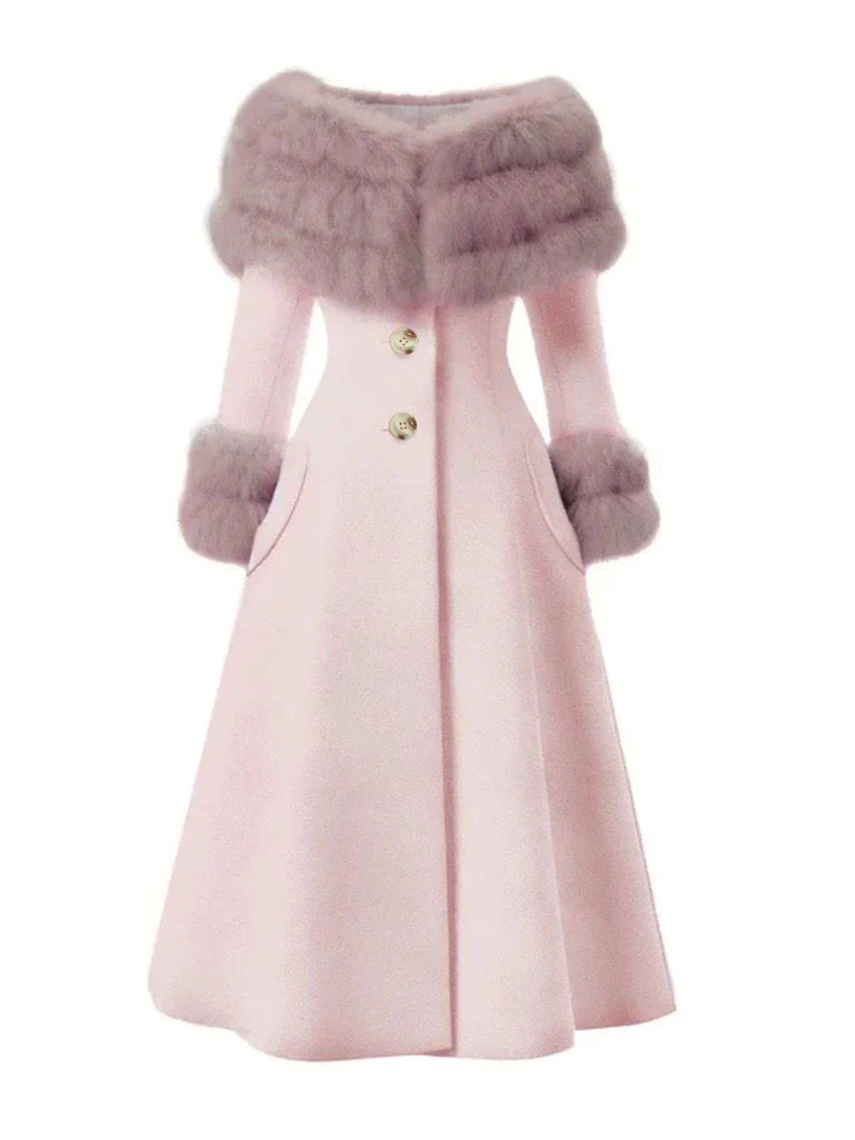Camel 1950s Multi-Layer Fur Collar Patchwork Coat - Image 3