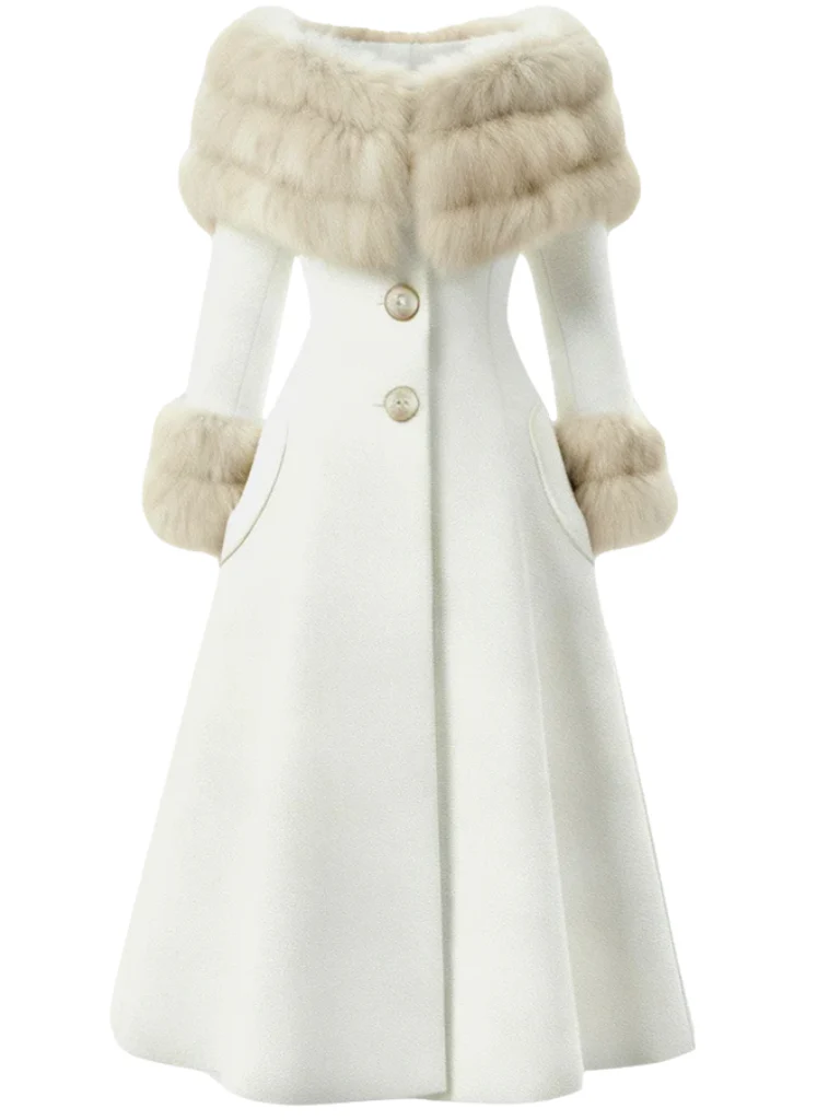 Camel 1950s Multi-Layer Fur Collar Patchwork Coat - Image 2
