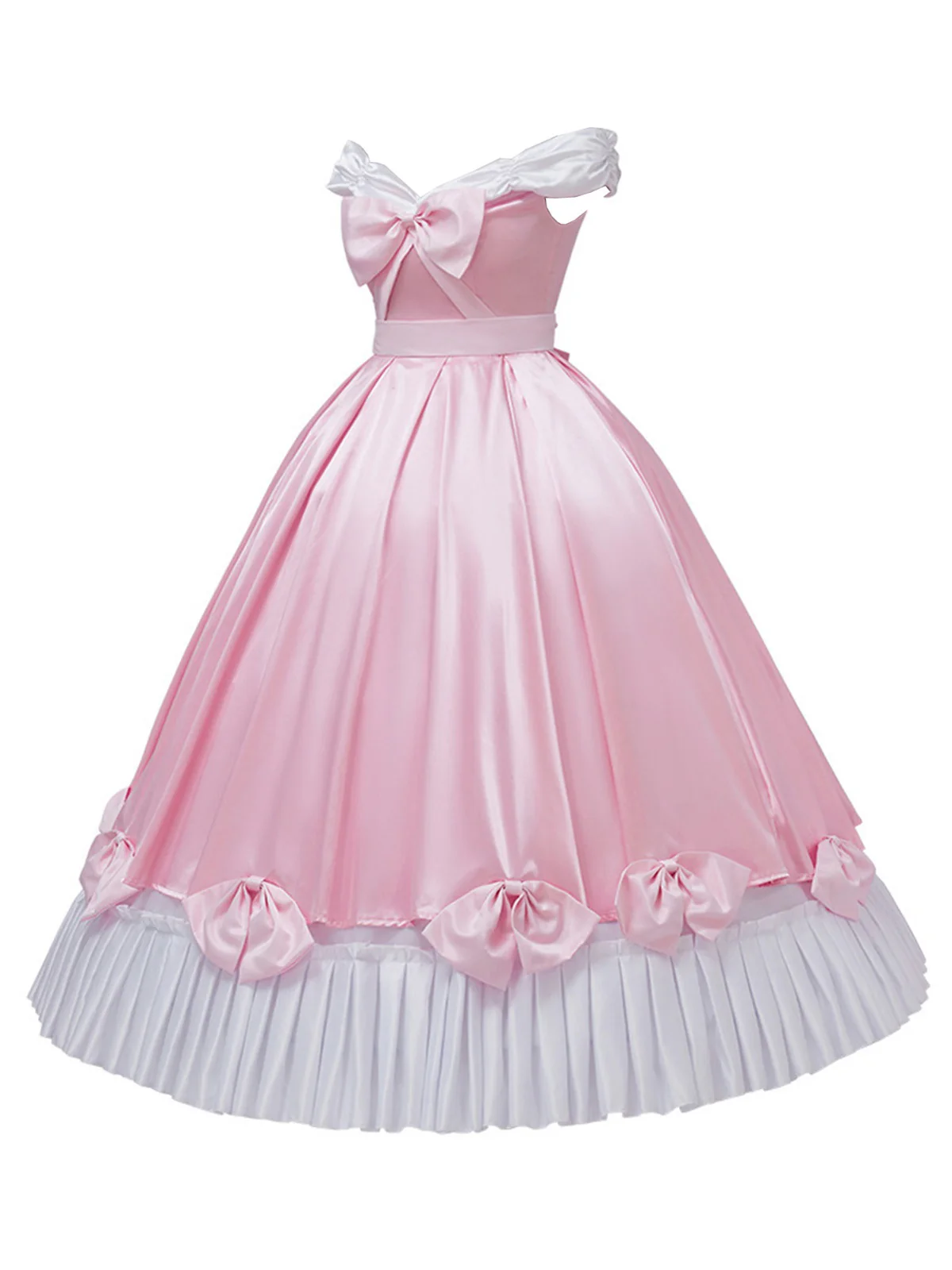 Pink 1950s Off-Shoulder Pleated Satin Bow Princess Dress - Image 3