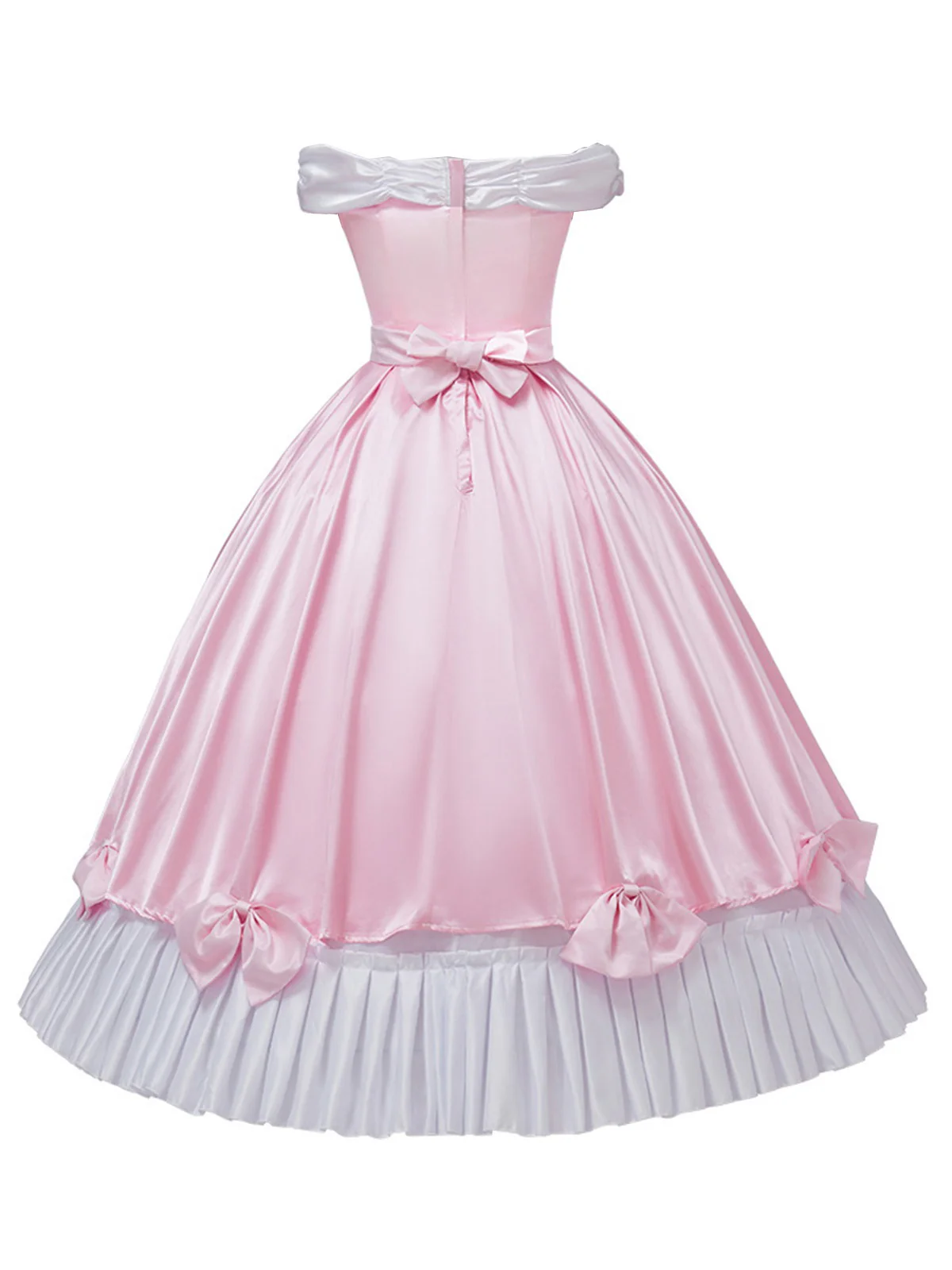 Pink 1950s Off-Shoulder Pleated Satin Bow Princess Dress - Image 4