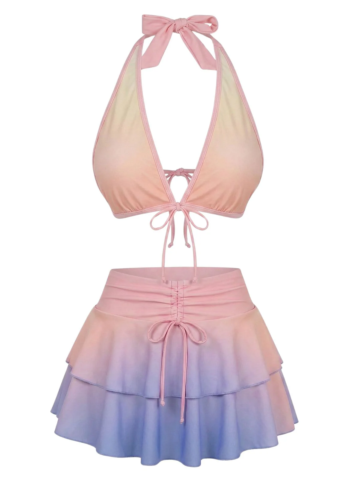 [Pre-Sale] Pink 1950s Pastel Ombre Halter Ruffle Skirted Bikini Set - Image 2