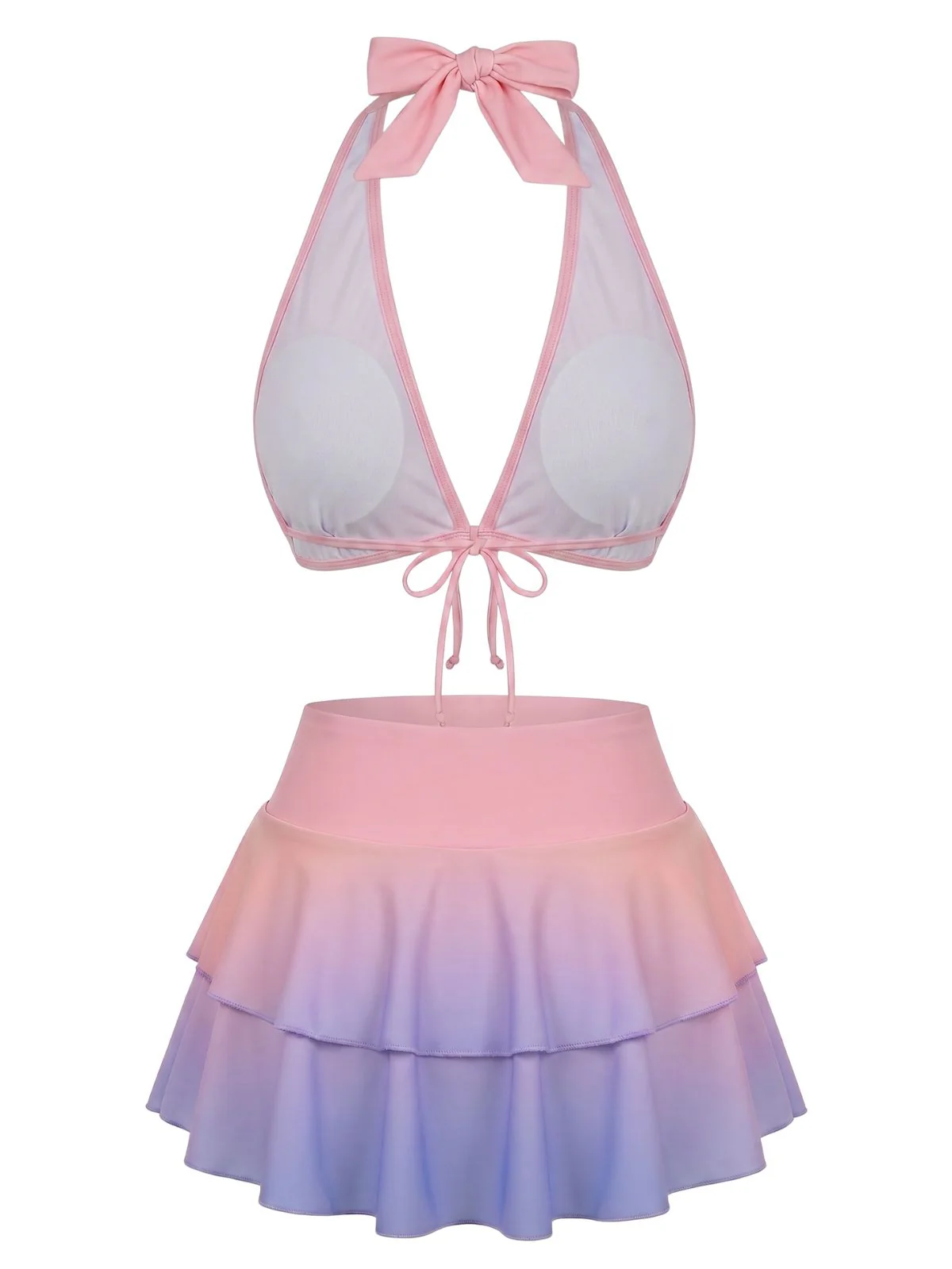 [Pre-Sale] Pink 1950s Pastel Ombre Halter Ruffle Skirted Bikini Set - Image 3