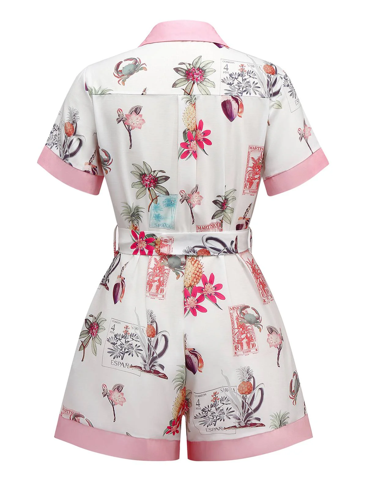 Pink 1950s Pineapple Flower Belted Lapel Romper - Image 2