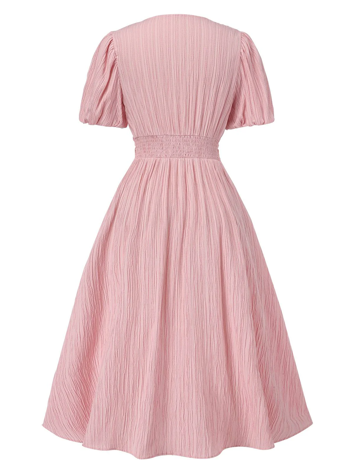 Pink 1950s Pinstripe V-Neck Puff Sleeves Ruched Dress - Image 2