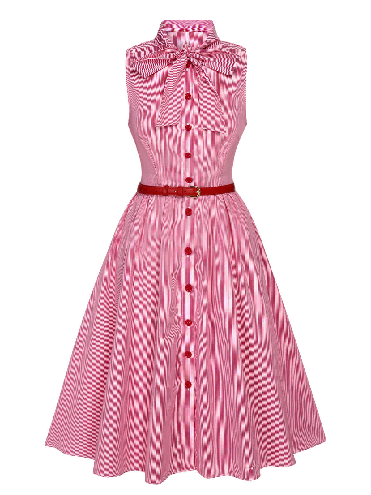 Pink 1950s Pinstripes Tie Collar Dress - Image 2