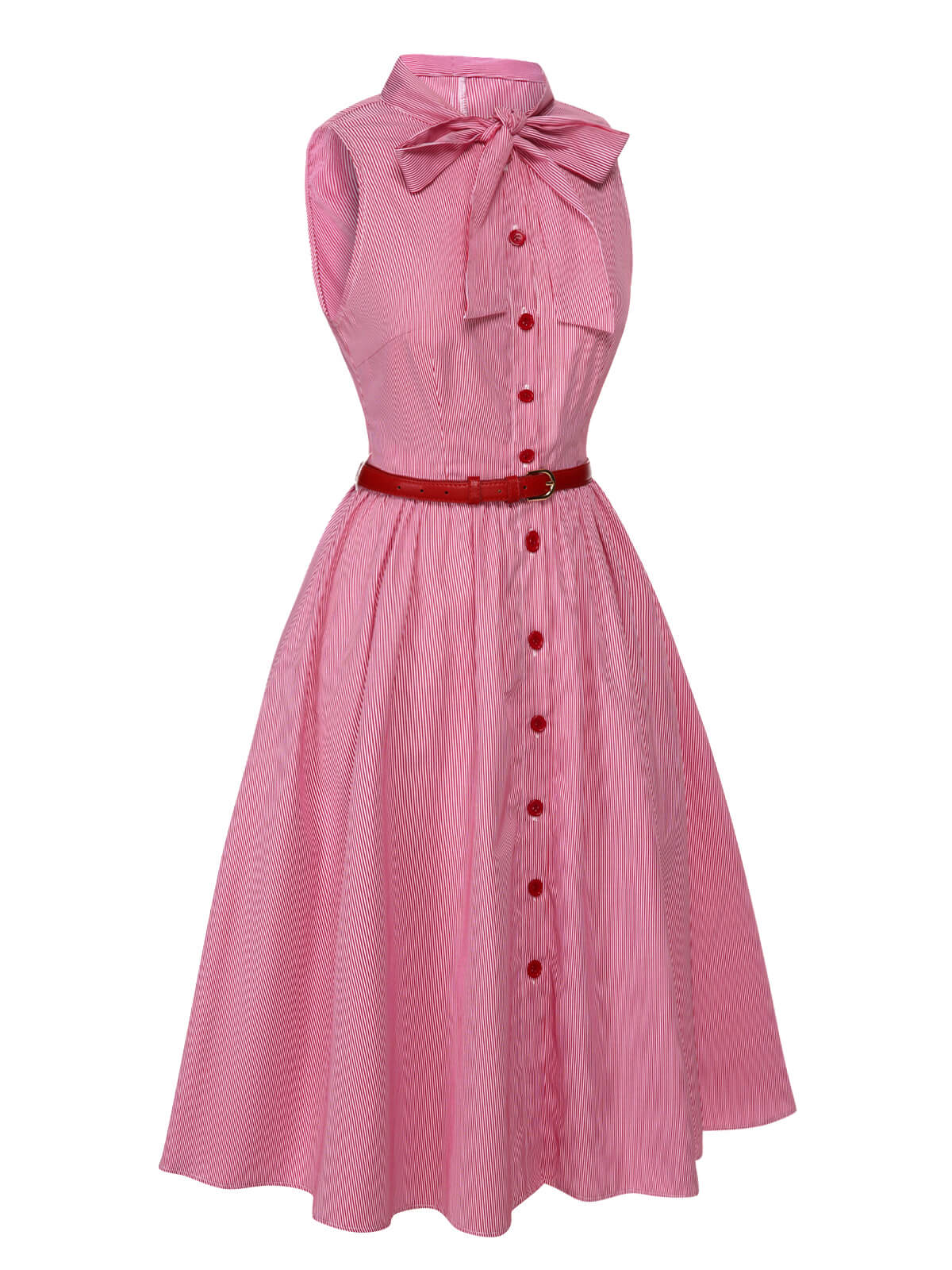 Pink 1950s Pinstripes Tie Collar Dress - Image 3