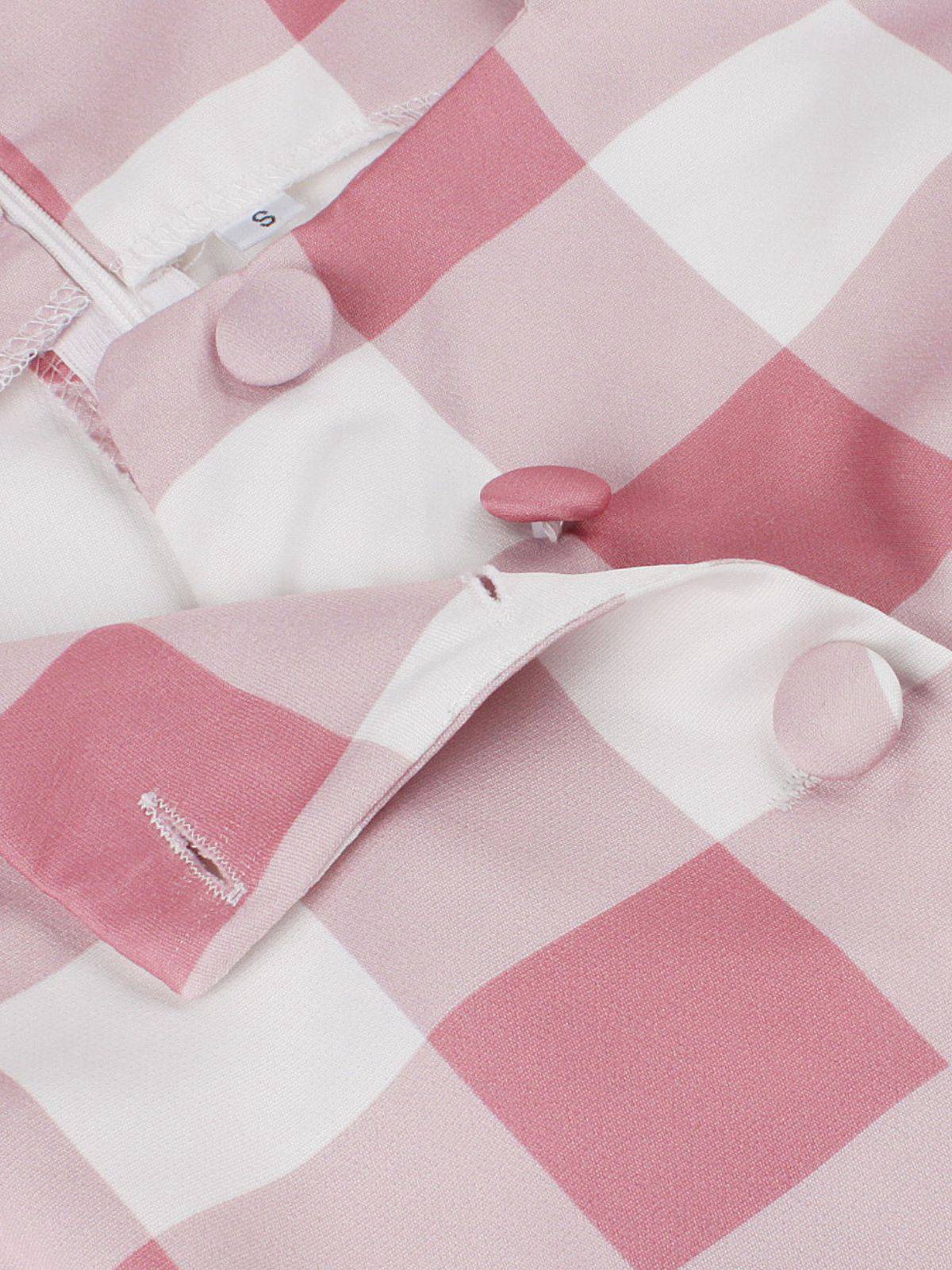 Pink 1950s Button Bow Gingham Plaid Dress - Image 4