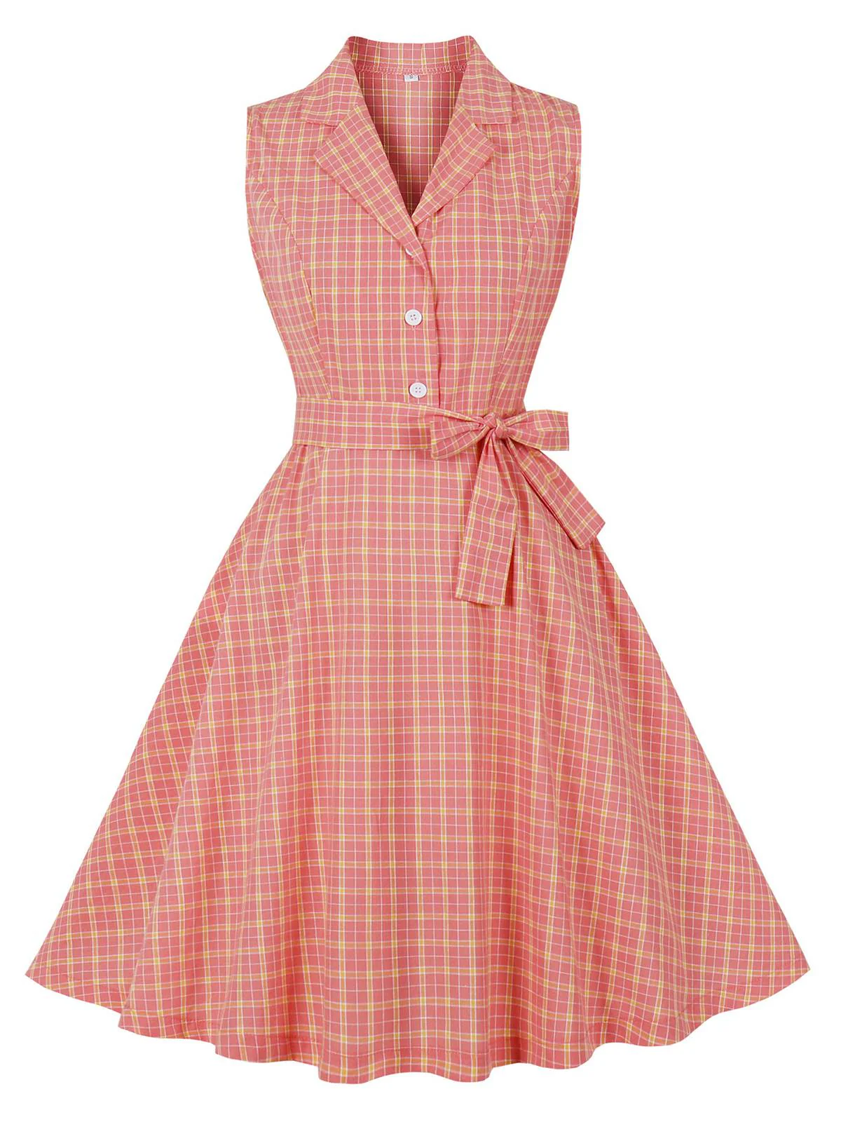 Pink 1950s Plaid Buttoned Lapel Belted Dress - Image 2