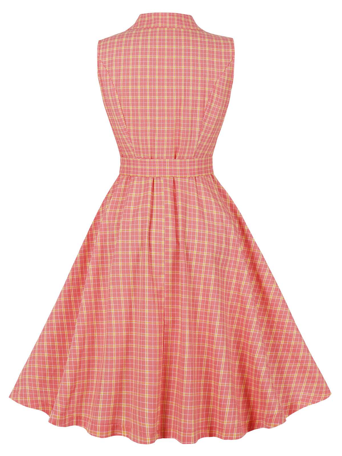 Pink 1950s Plaid Buttoned Lapel Belted Dress - Image 3