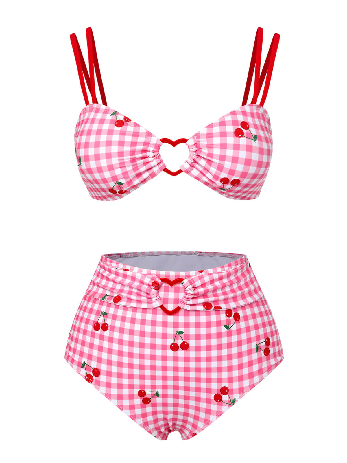 [US Warehouse] Pink 1950s Plaid & Cherry Strap Swimsuit - Image 2