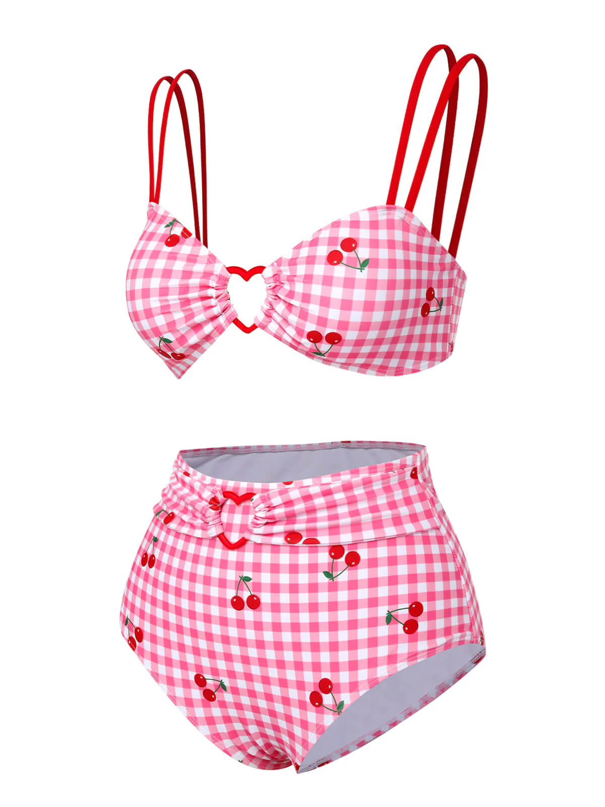 [US Warehouse] Pink 1950s Plaid & Cherry Strap Swimsuit - Image 3