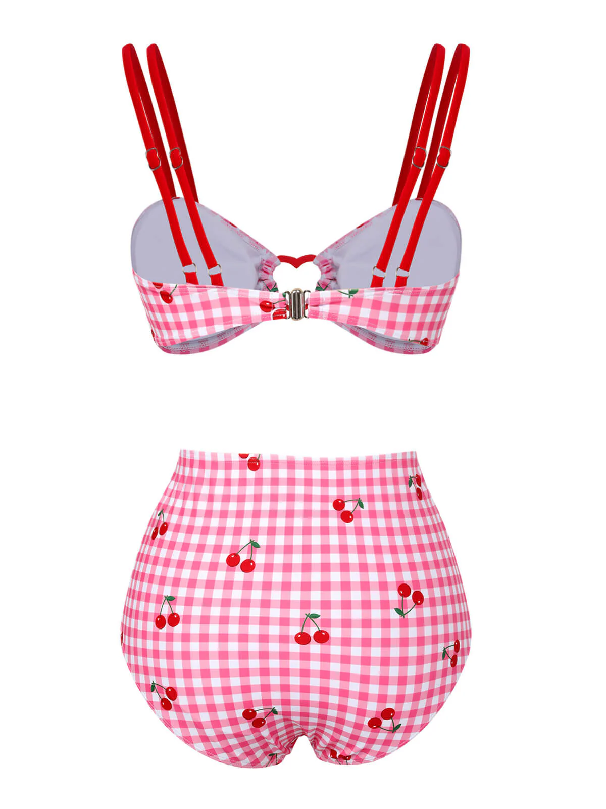 [US Warehouse] Pink 1950s Plaid & Cherry Strap Swimsuit - Image 4