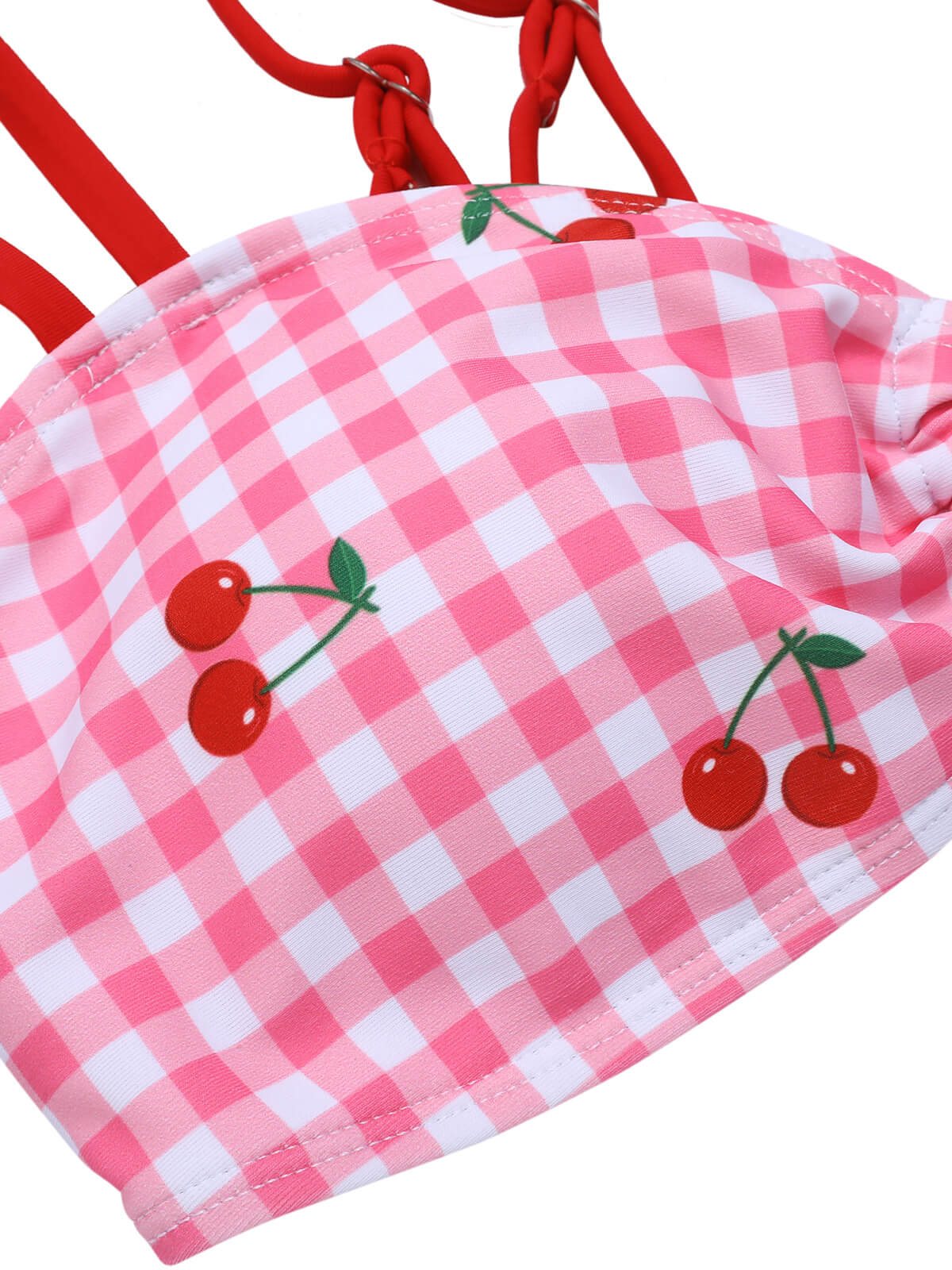 [US Warehouse] Pink 1950s Plaid & Cherry Strap Swimsuit - Image 5