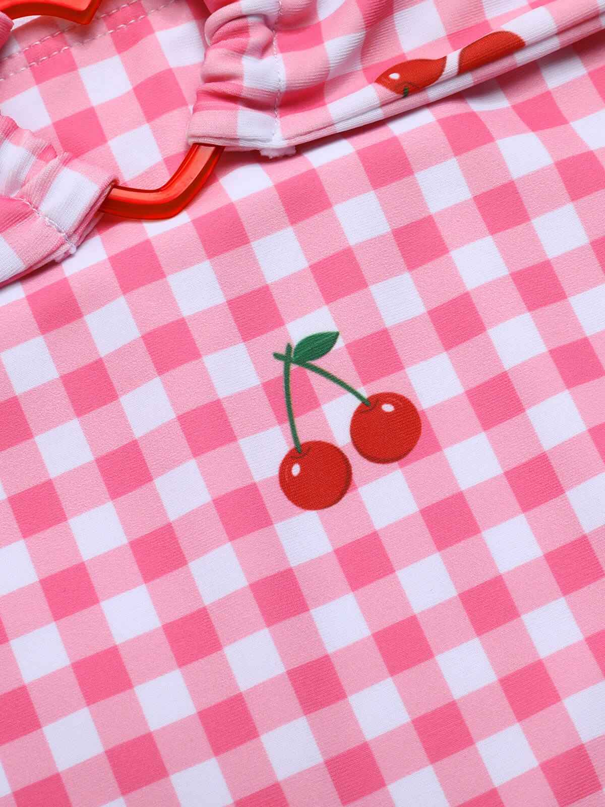 Pink 1950s Plaid & Cherry Strap Swimsuit - Image 6