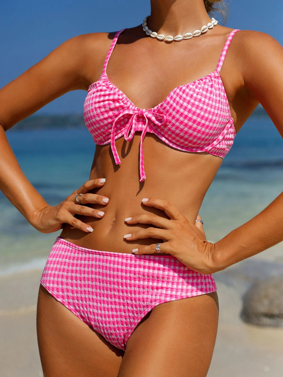 Pink 1950s Plaid Lace-Up Bikini Set - Image 2