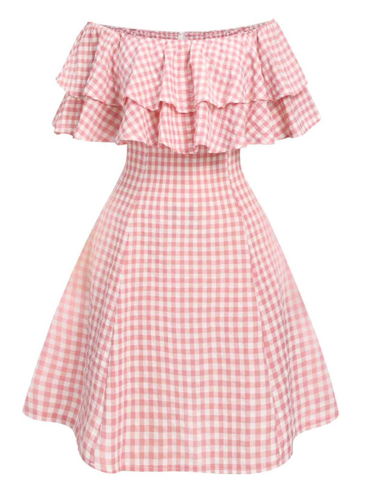 Pink 1950s Plaid Cotton Off-Shoulder Dress - Image 2