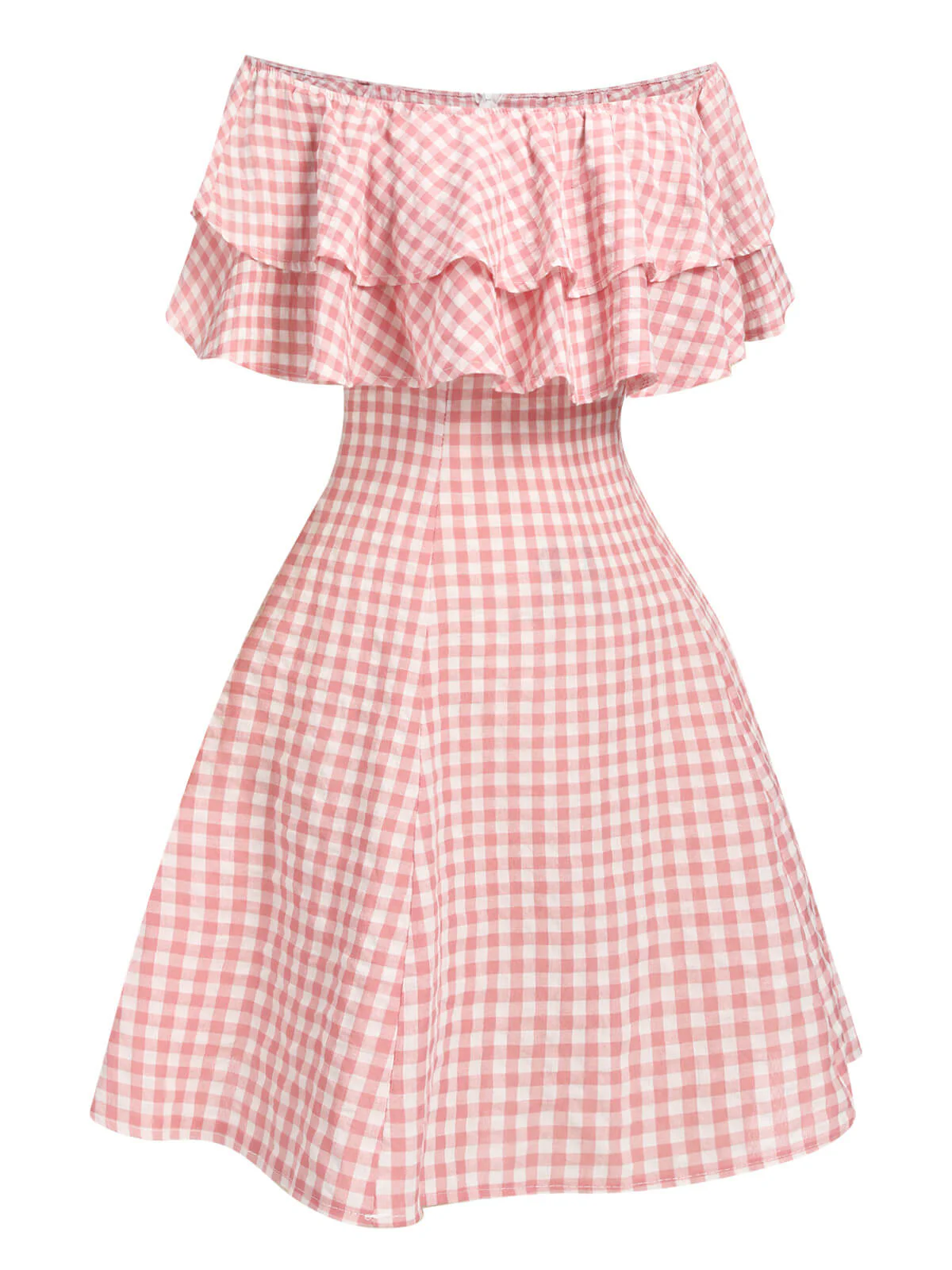 Pink 1950s Plaid Cotton Off-Shoulder Dress - Image 3