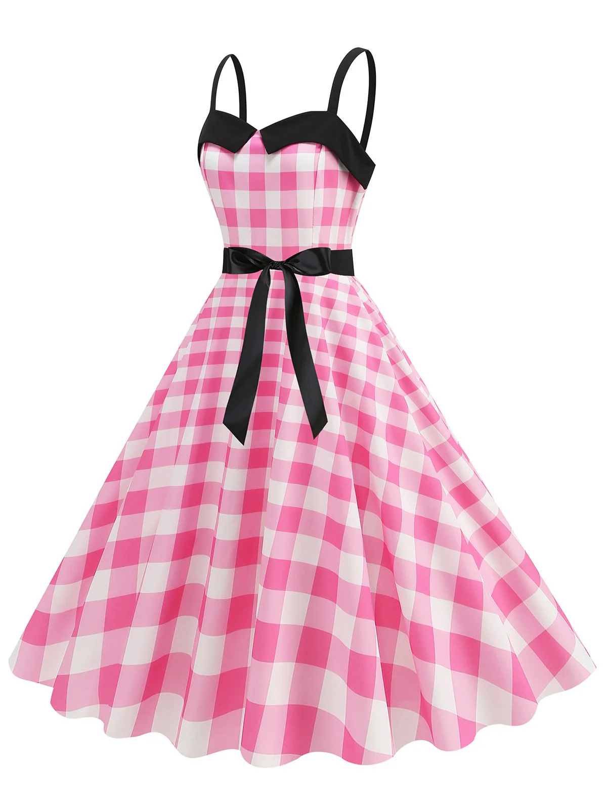 Pink 1950s Plaid Patchwork Spaghetti Straps Dress - Image 2